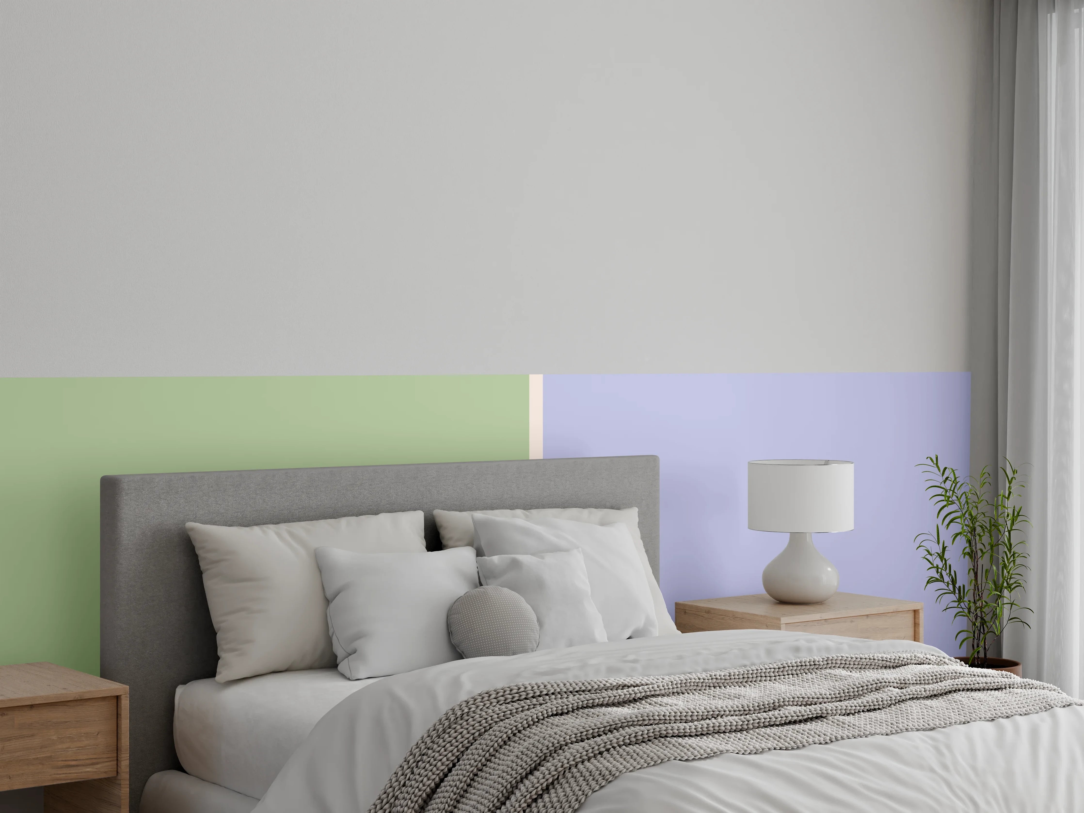 Wandverkleidung Schlafzimmer - Zweifarbige Pastellwand – Grün & Flieder