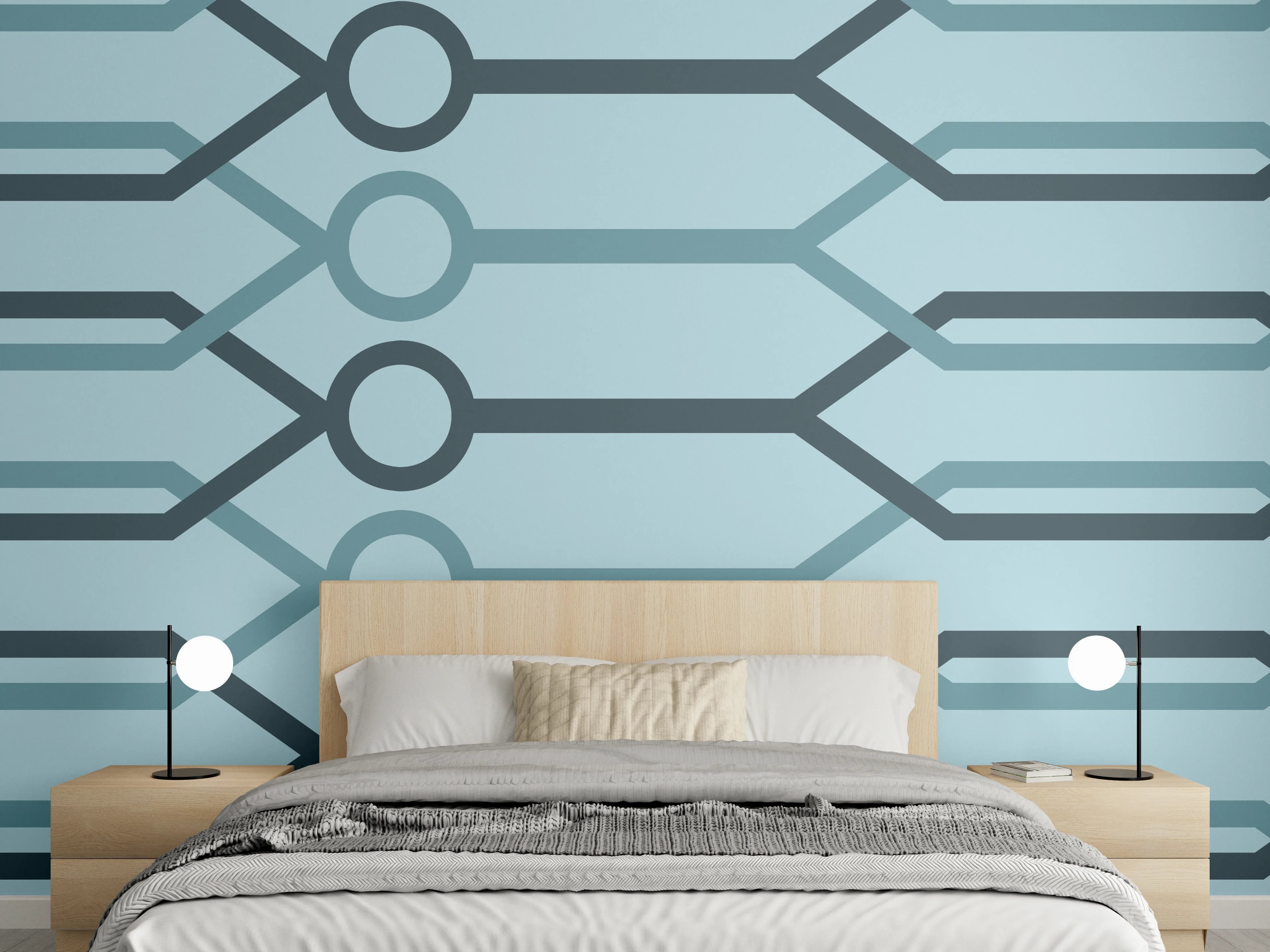 Wandverkleidung Schlafzimmer - "Abstraktes Muster in Blau und Grau auf weißem Hintergrund"