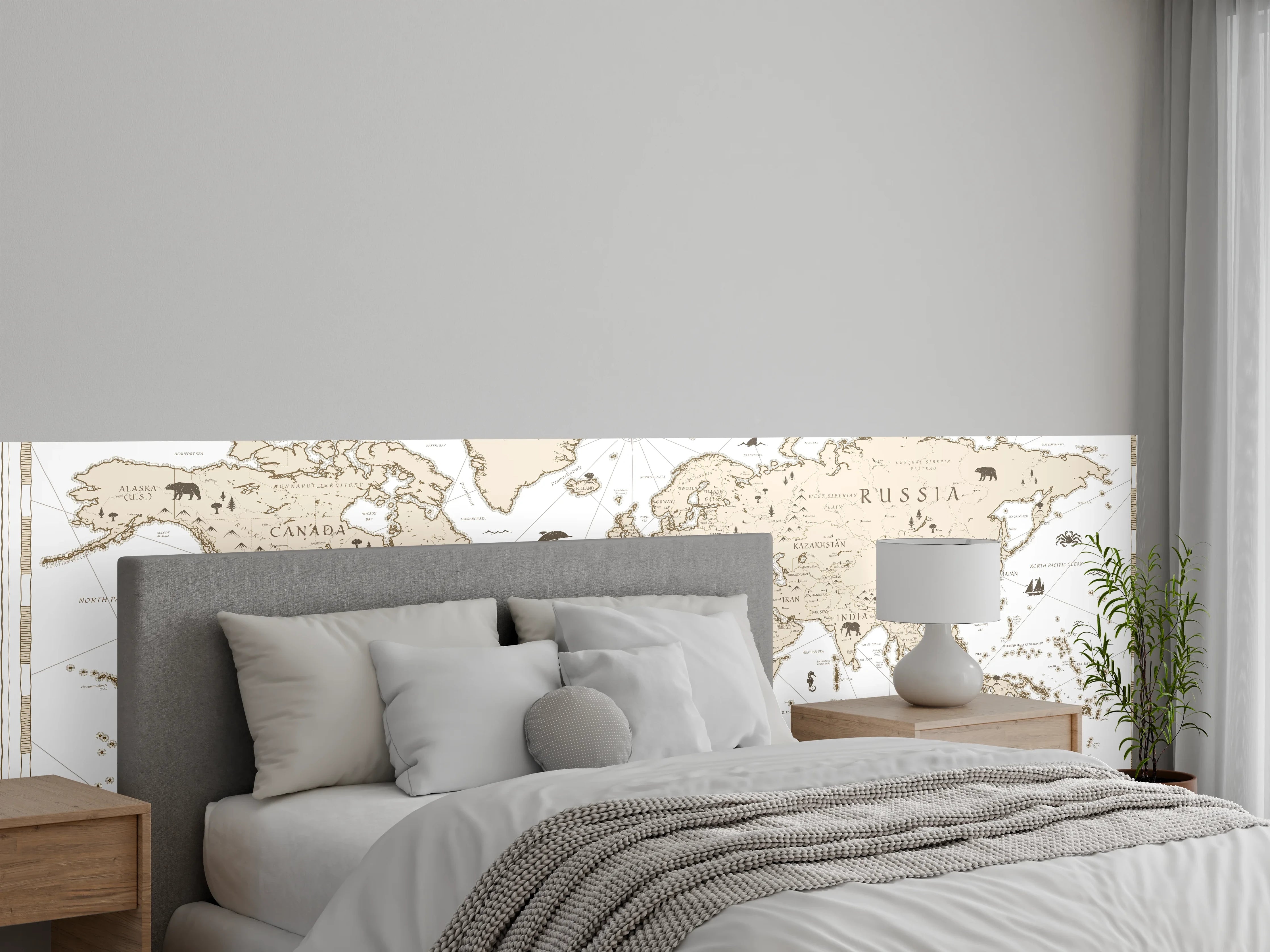 Wandverkleidung Schlafzimmer - "Sepia-Ton Weltkarte Poster mit sanften Grau- und Brauntönen"