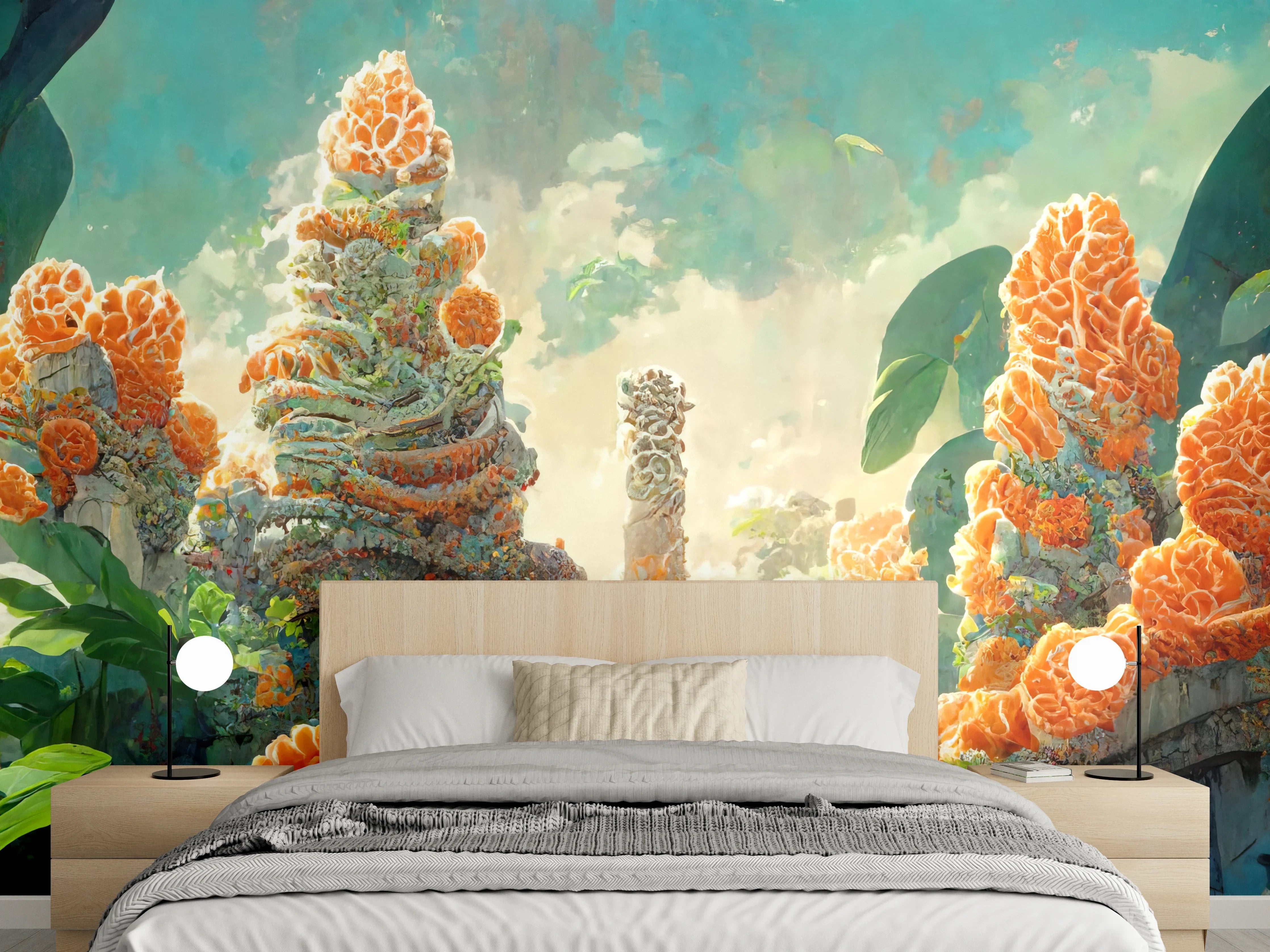 Wandverkleidung Schlafzimmer - gelbe Blumen