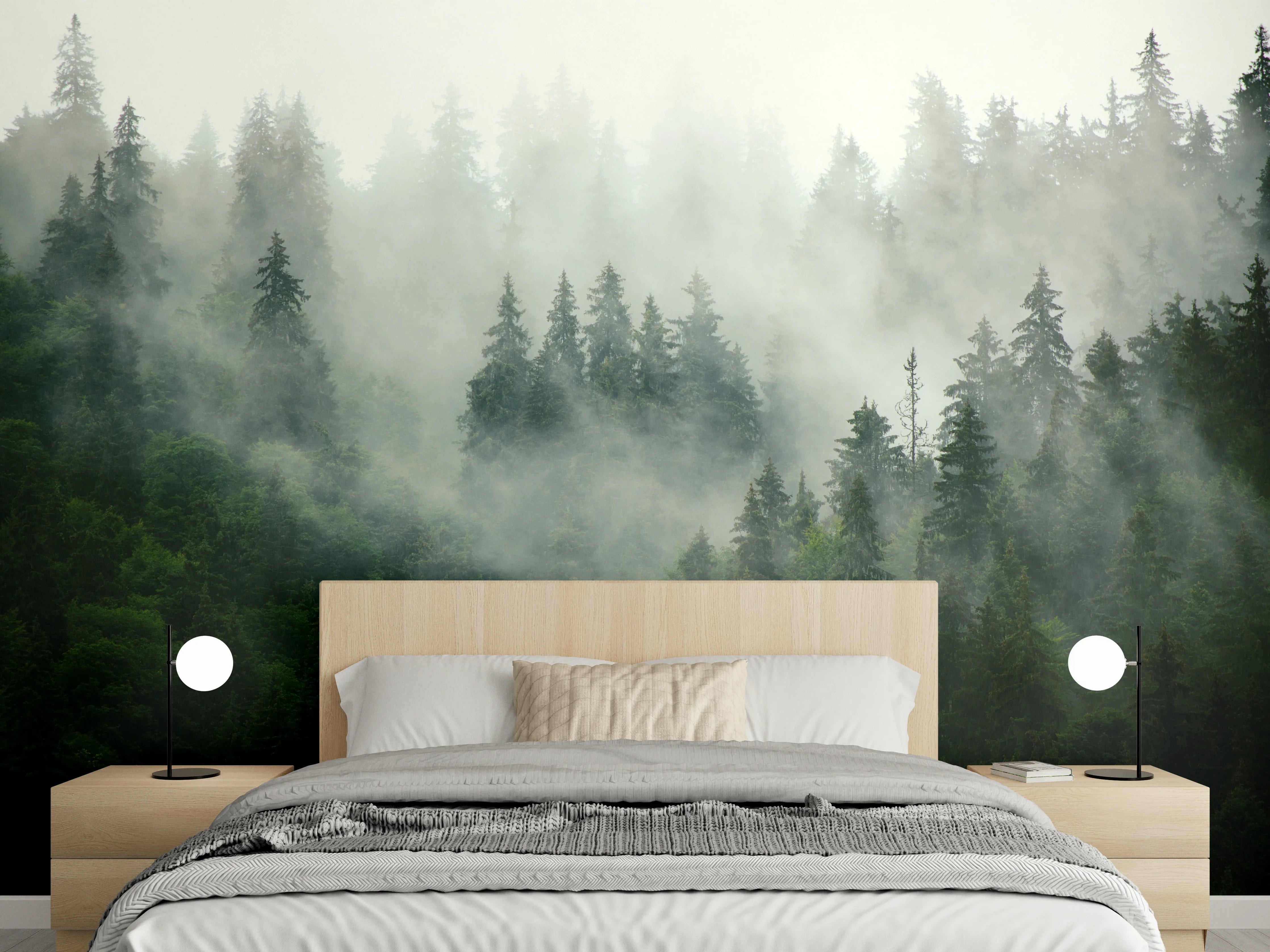 Wandverkleidung Schlafzimmer - neblige Waldlandschaft