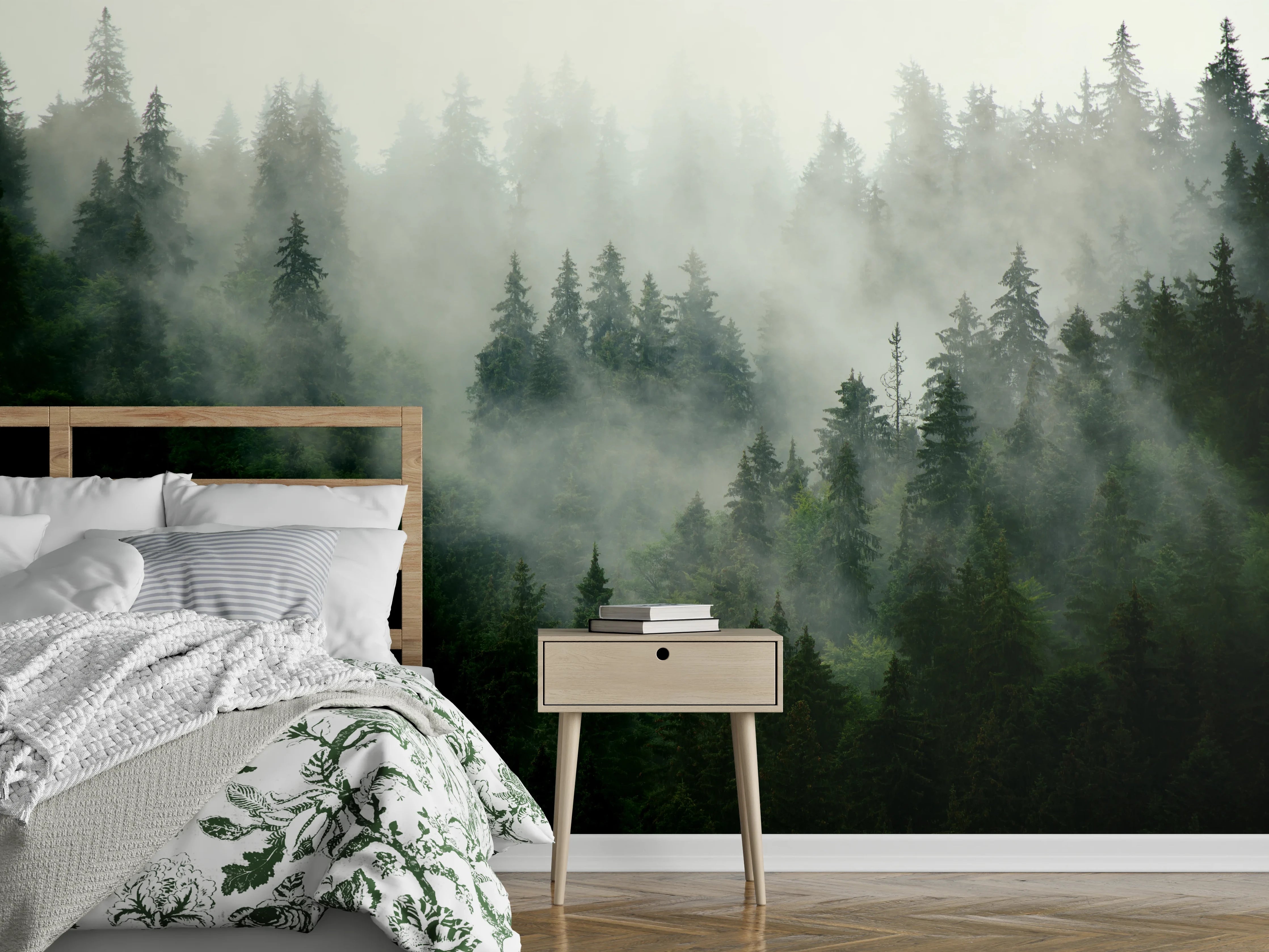 Wandverkleidung Schlafzimmer - neblige Waldlandschaft