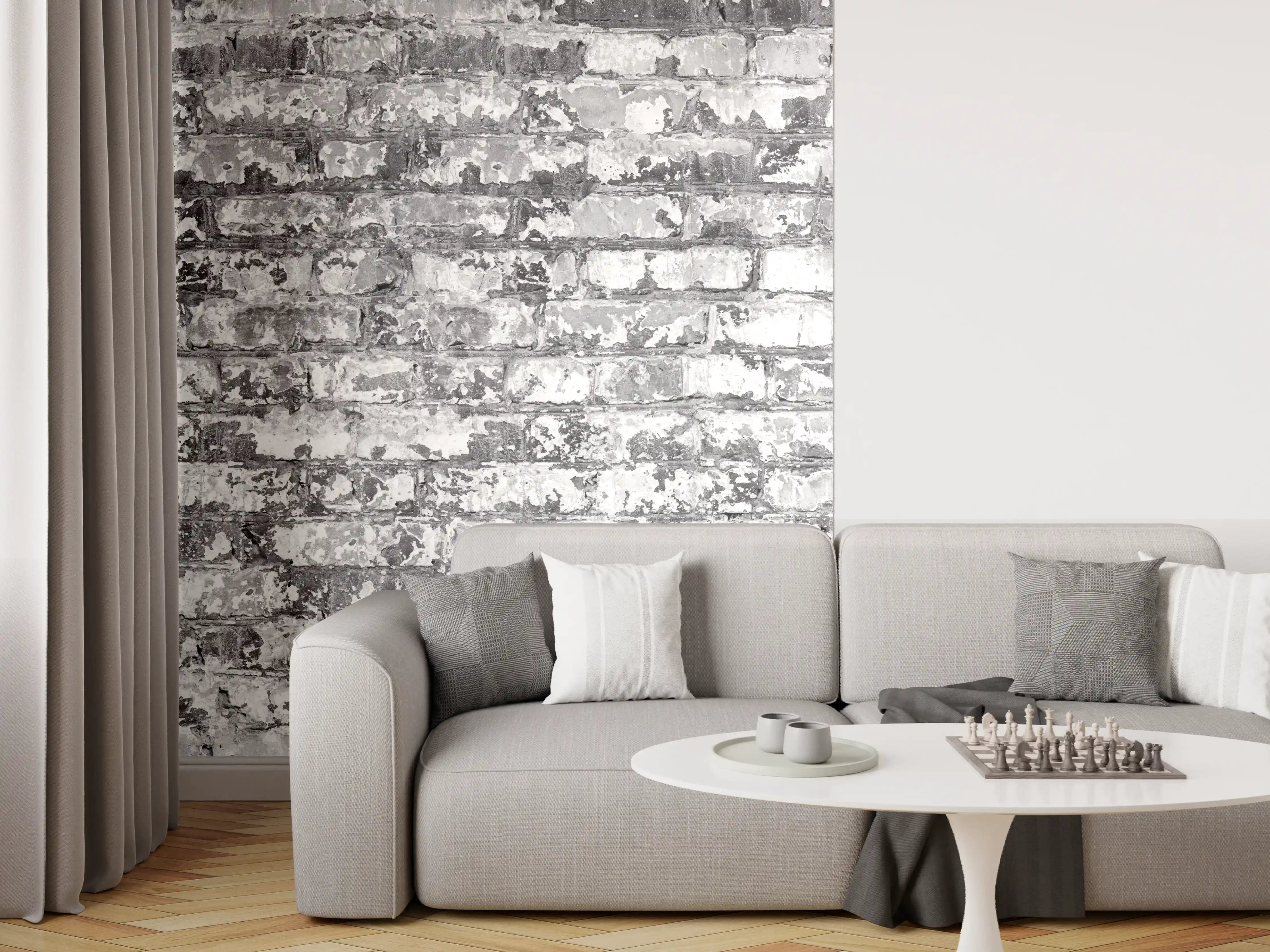 Wandverkleidung Wohnzimmer - Hellgraue verwitterte Vintage Ziegelwand