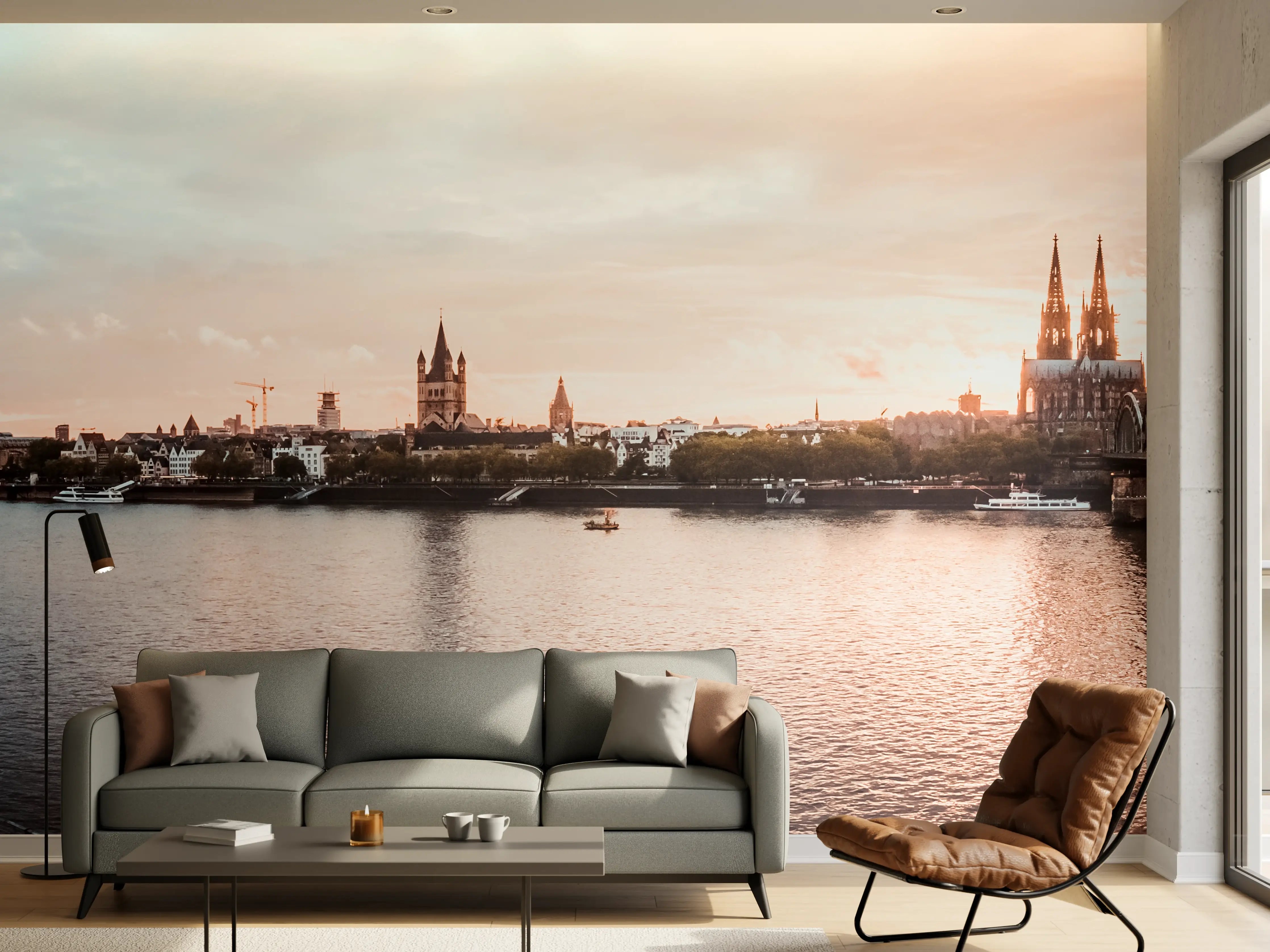 Wandverkleidung Wohnzimmer - Städtepanorama bei Sonnenuntergang mit Brücke