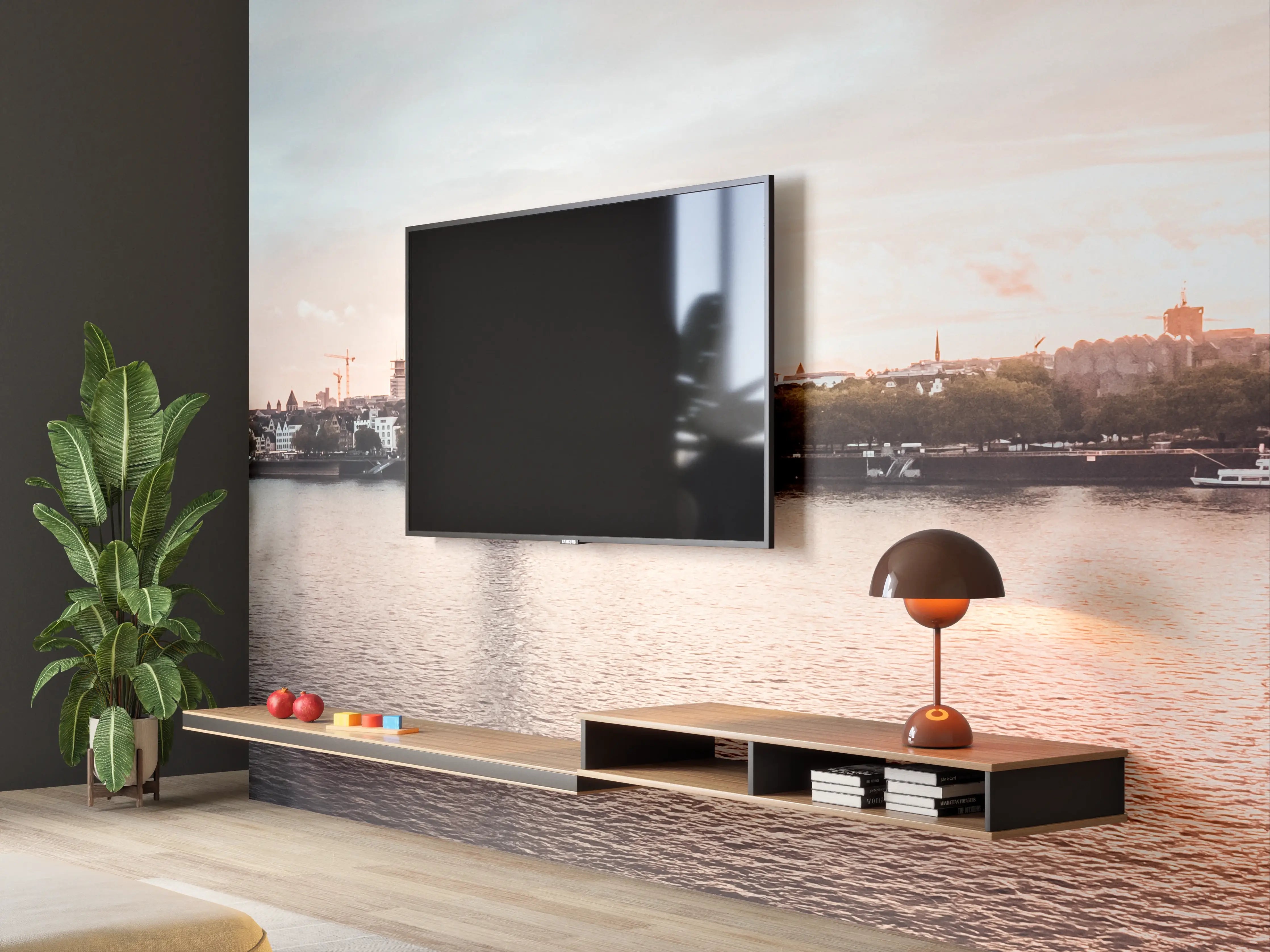 Wandverkleidung Wohnzimmer - Städtepanorama bei Sonnenuntergang mit Brücke