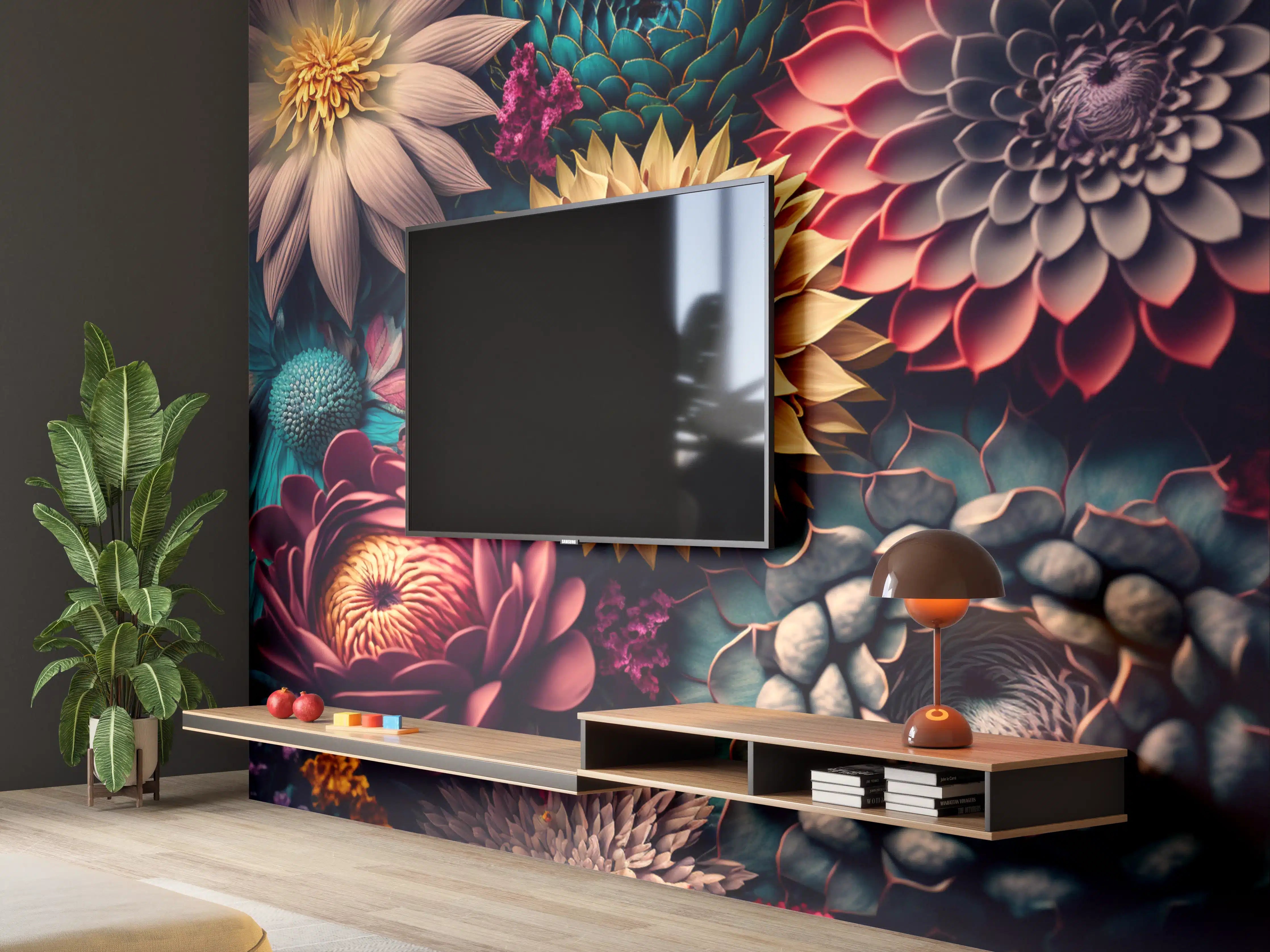 Wandverkleidung Wohnzimmer - A vibrant floral mosaic wallpaper