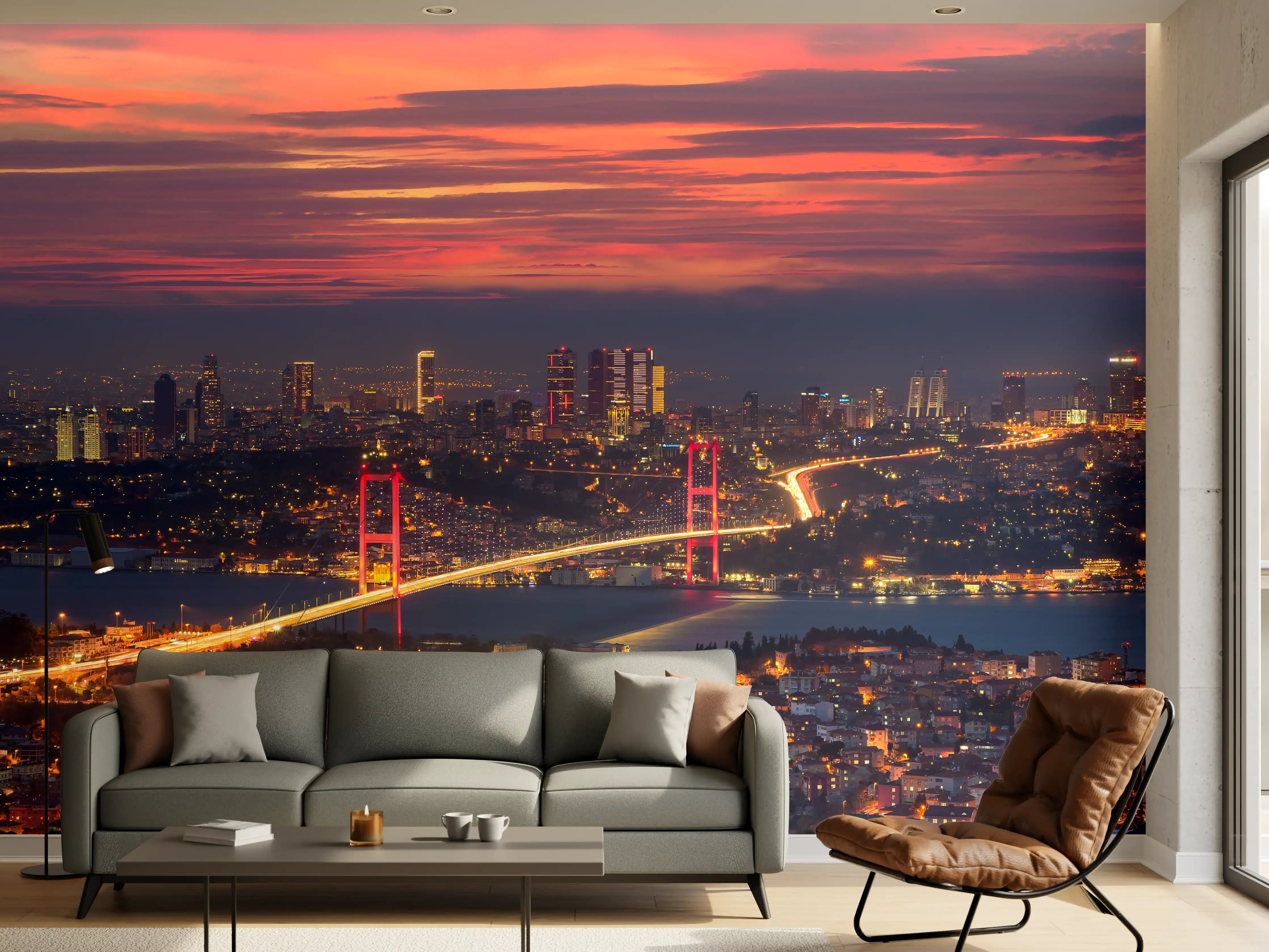 Wandverkleidung Wohnzimmer - Abendliche Skyline mit Brücke bei Sonnenuntergang