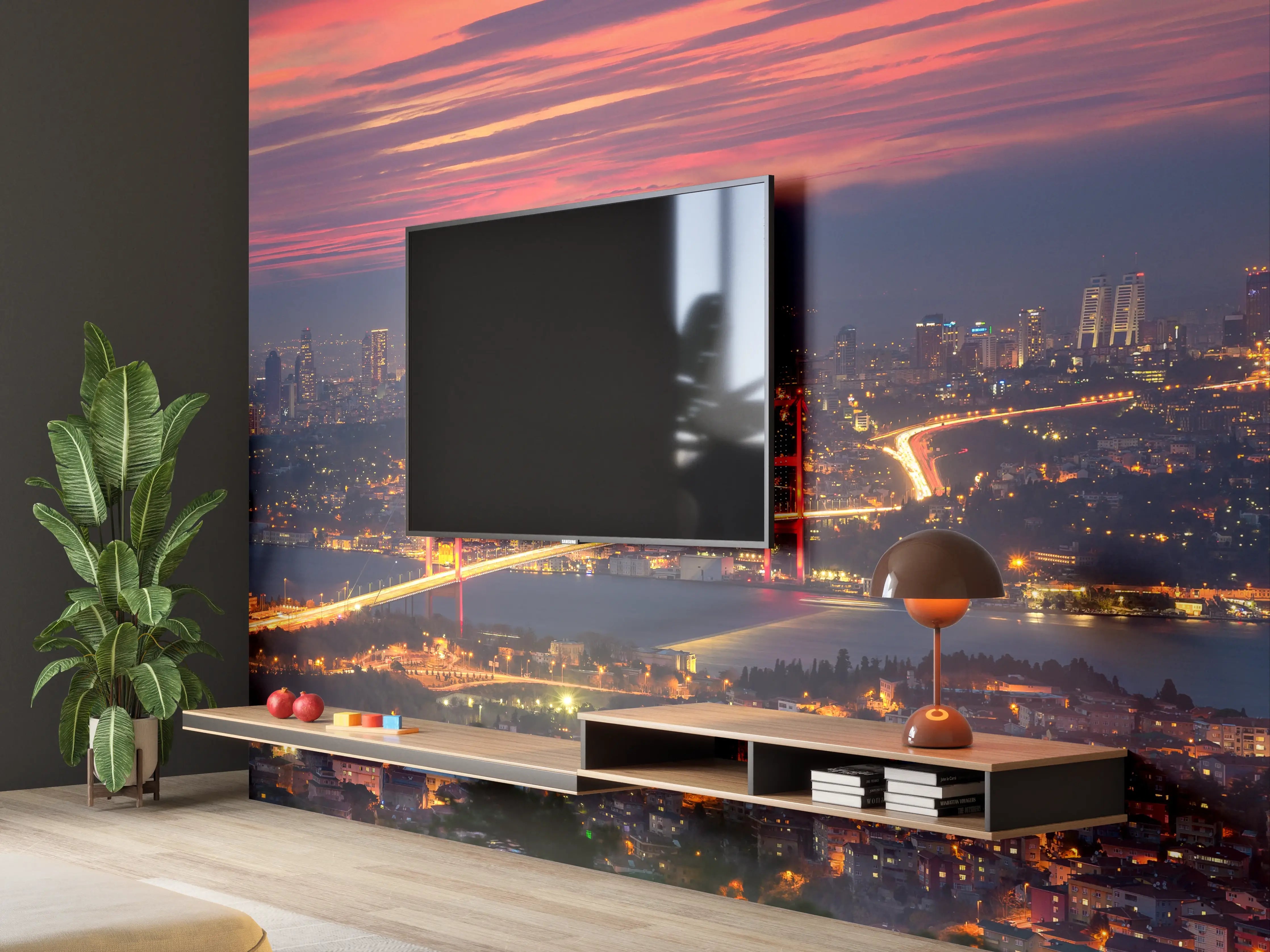 Wandverkleidung Wohnzimmer - Abendliche Skyline mit Brücke bei Sonnenuntergang