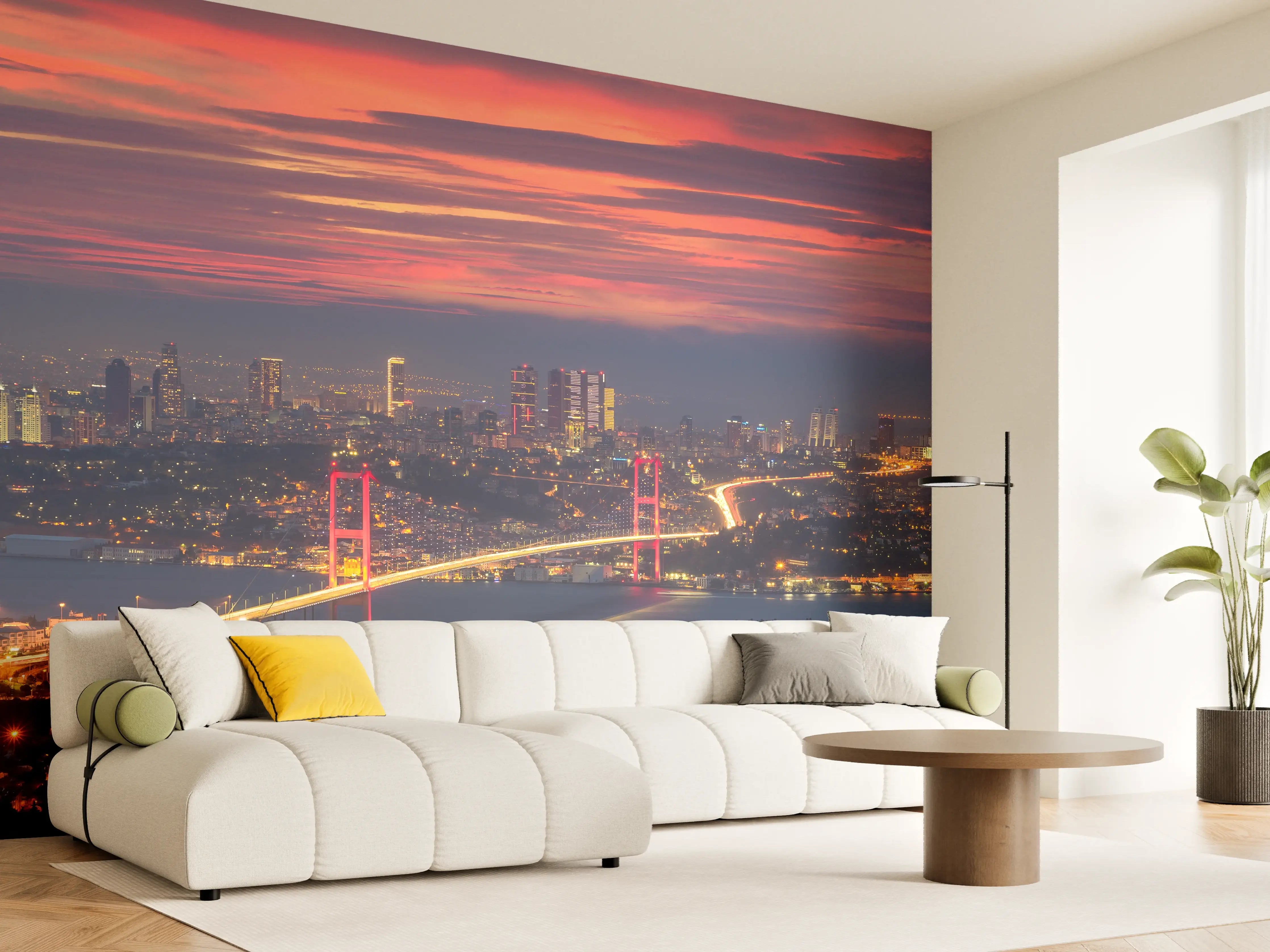 Wandverkleidung Wohnzimmer - Abendliche Skyline mit Brücke bei Sonnenuntergang