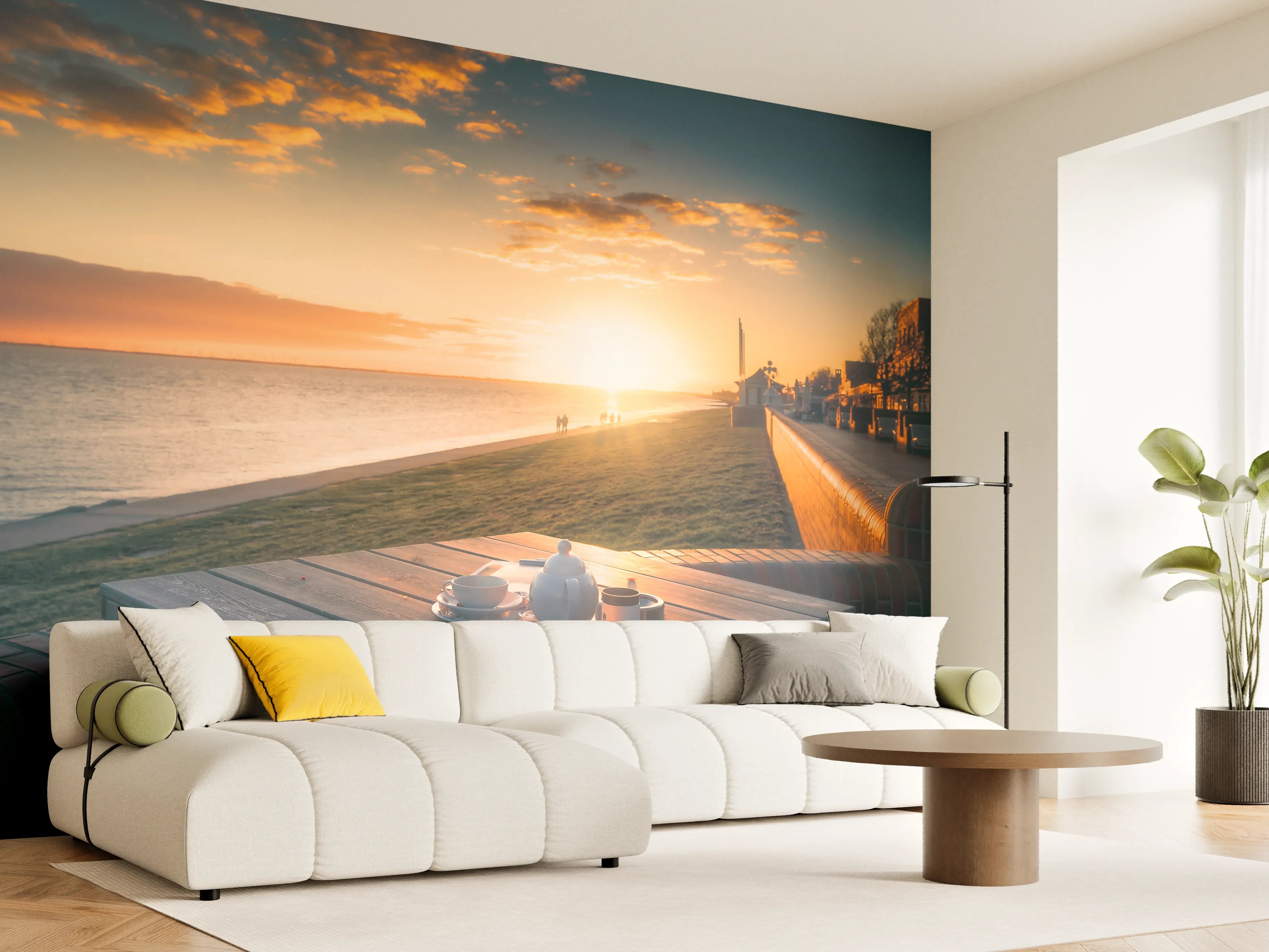Wandverkleidung Wohnzimmer - Abendliche Sonnenuntergangsstimmung am Wasser
