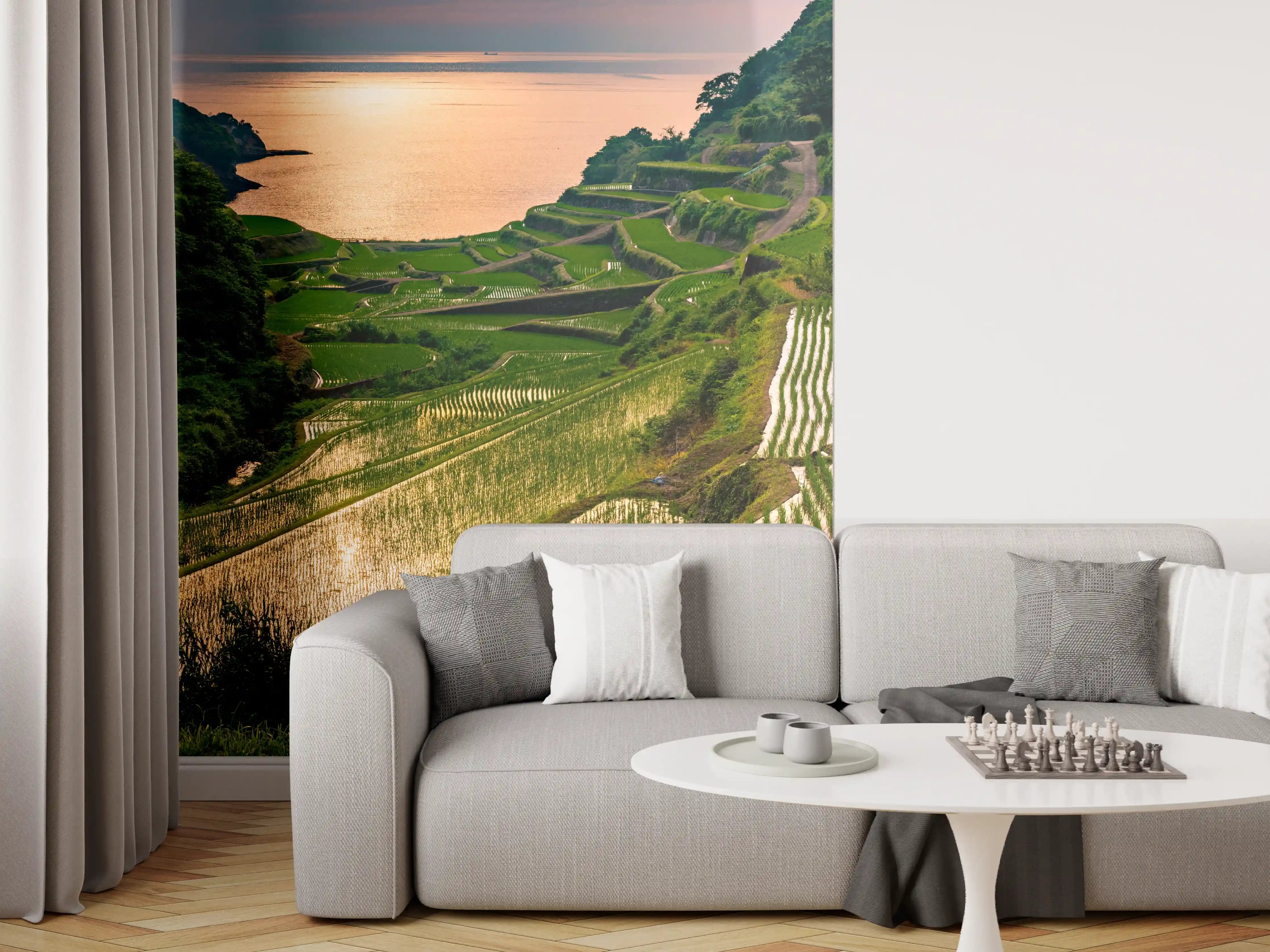 Wandverkleidung Wohnzimmer - Abendlicher Blick japanische Berglandschaft