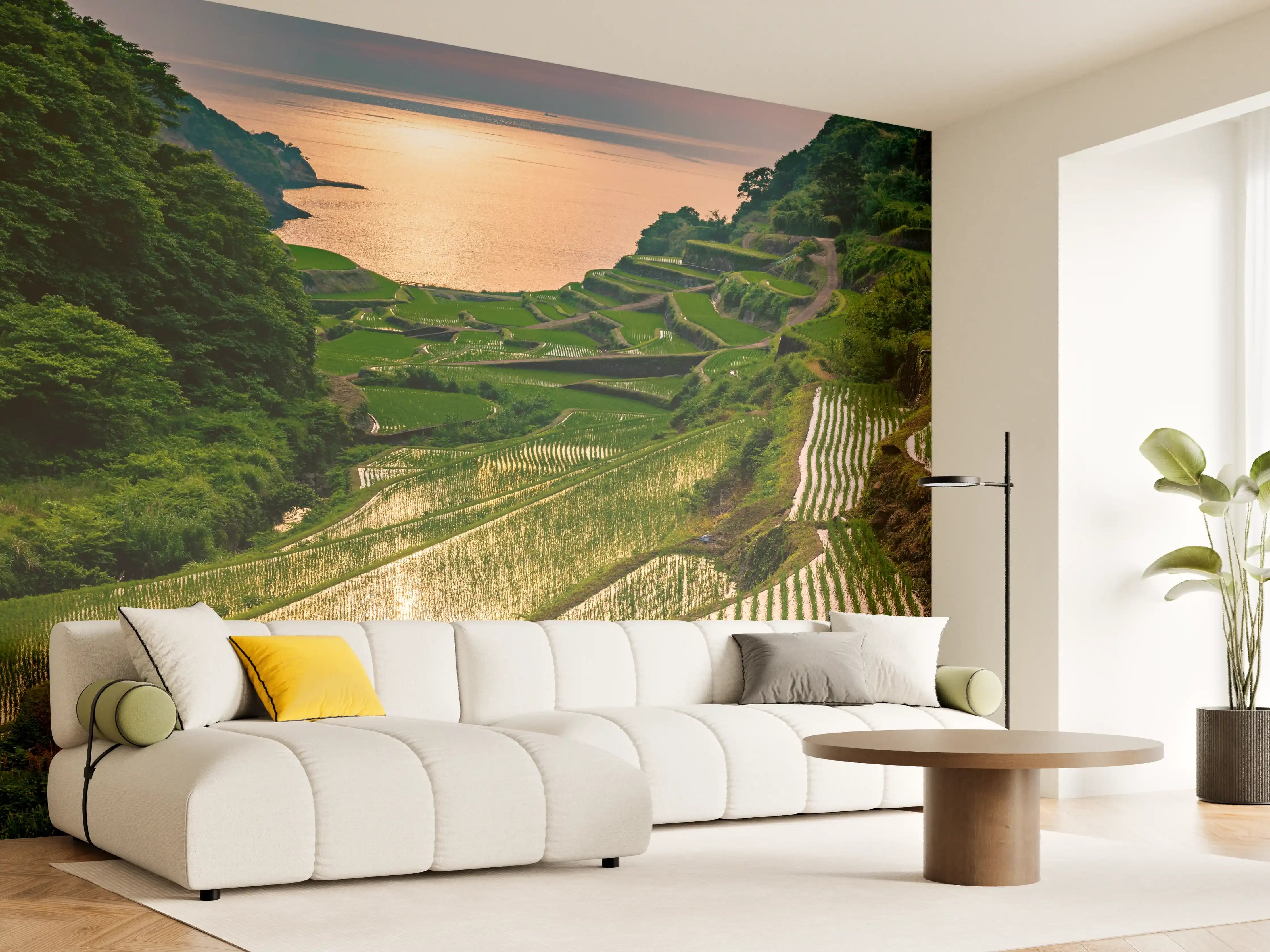 Wandverkleidung Wohnzimmer - Abendlicher Blick japanische Berglandschaft