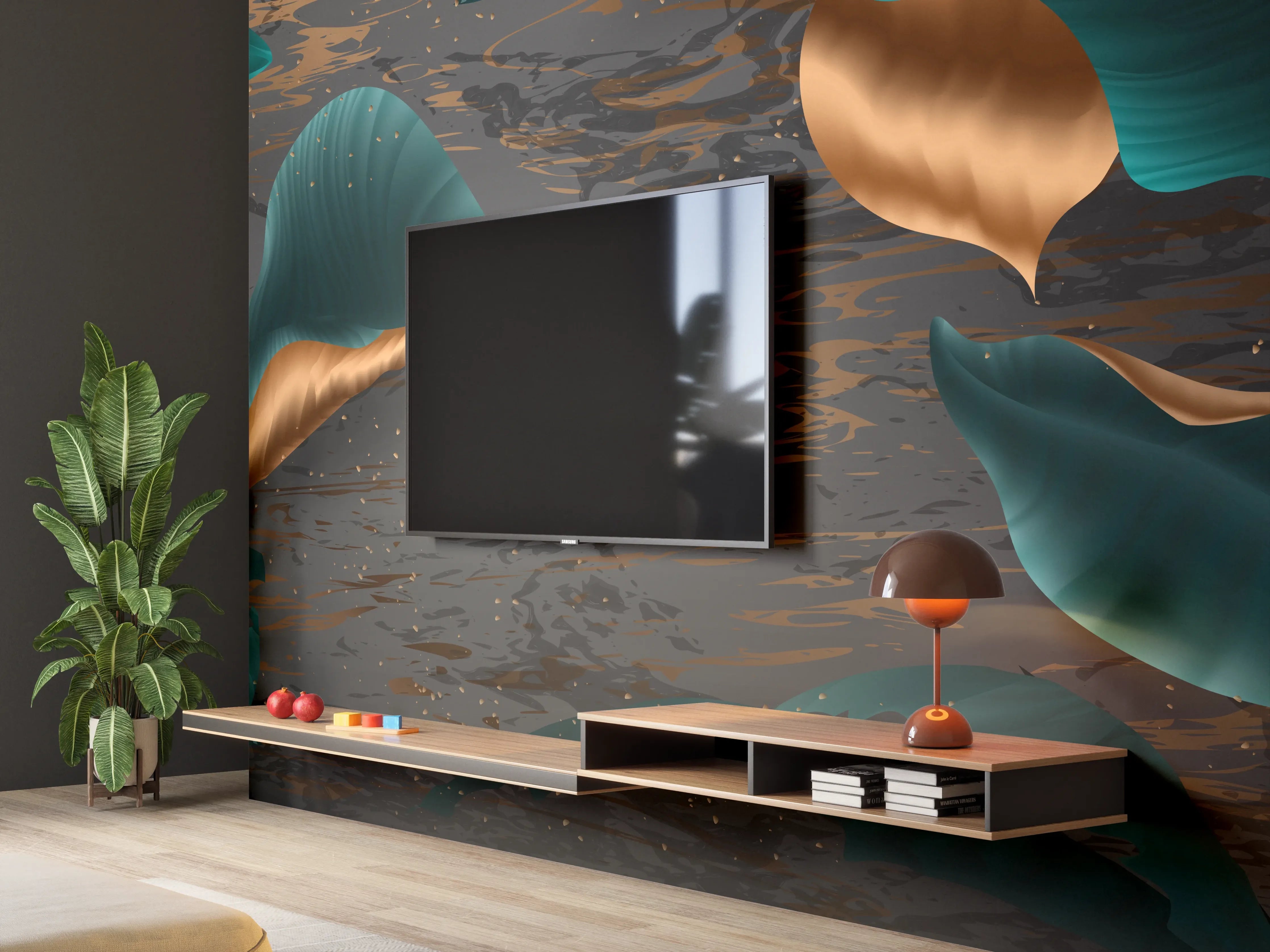 Wandverkleidung Wohnzimmer - Abendlicher Dschungel Goldakzent
