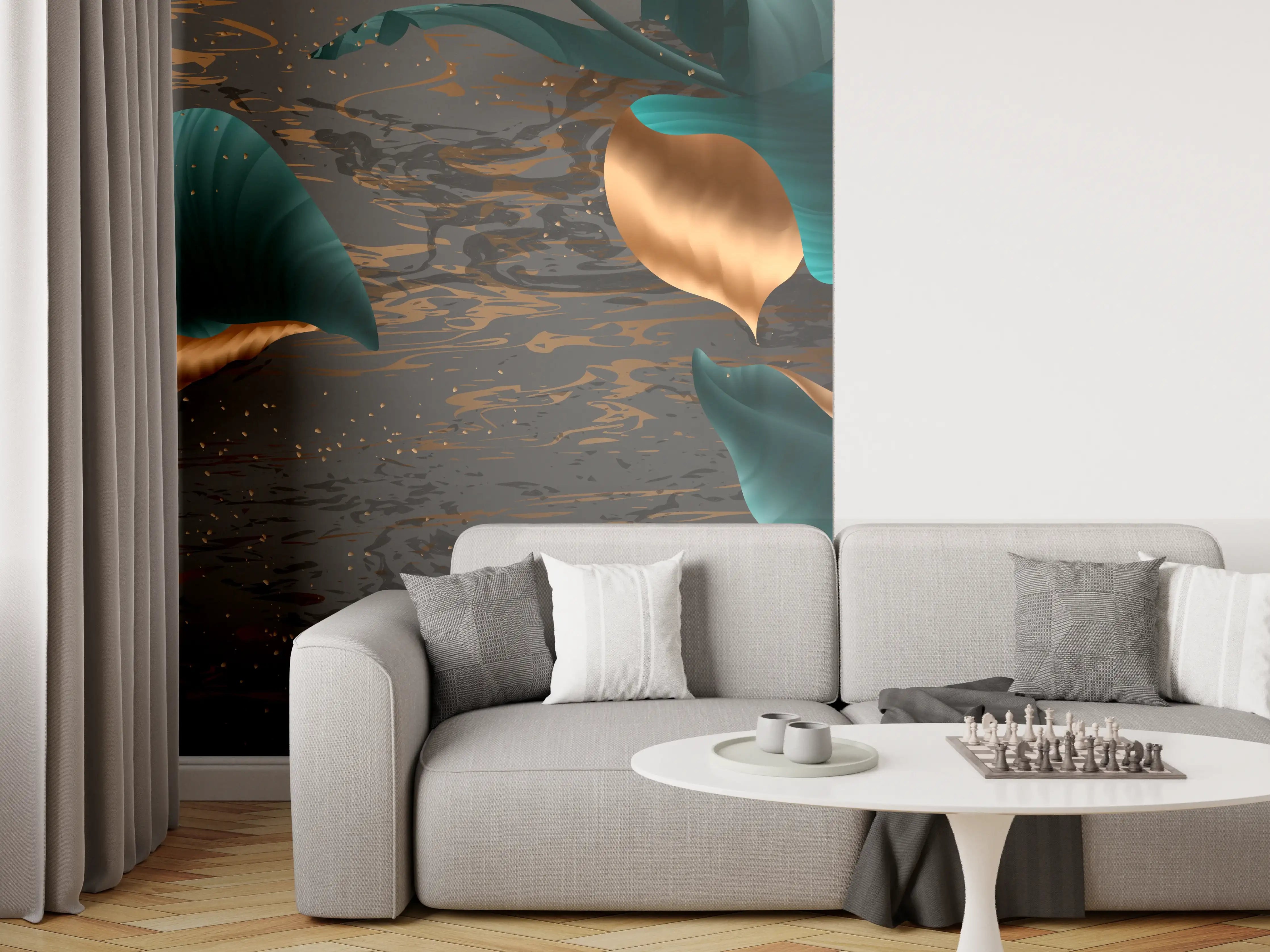 Wandverkleidung Wohnzimmer - Abendlicher Dschungel Goldakzent