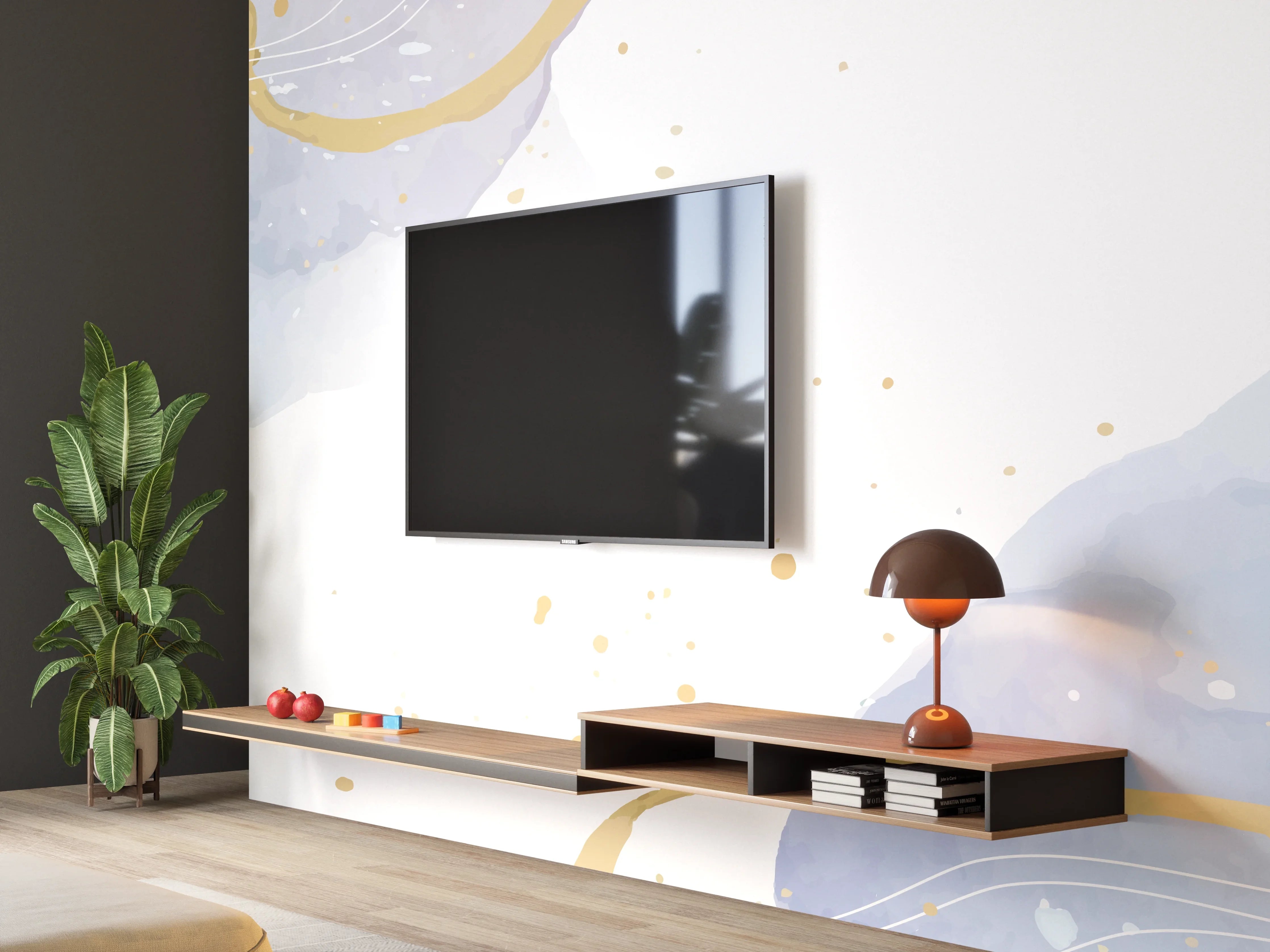 Wandverkleidung Wohnzimmer - Abstrakt Blau Gold Aquarell Design