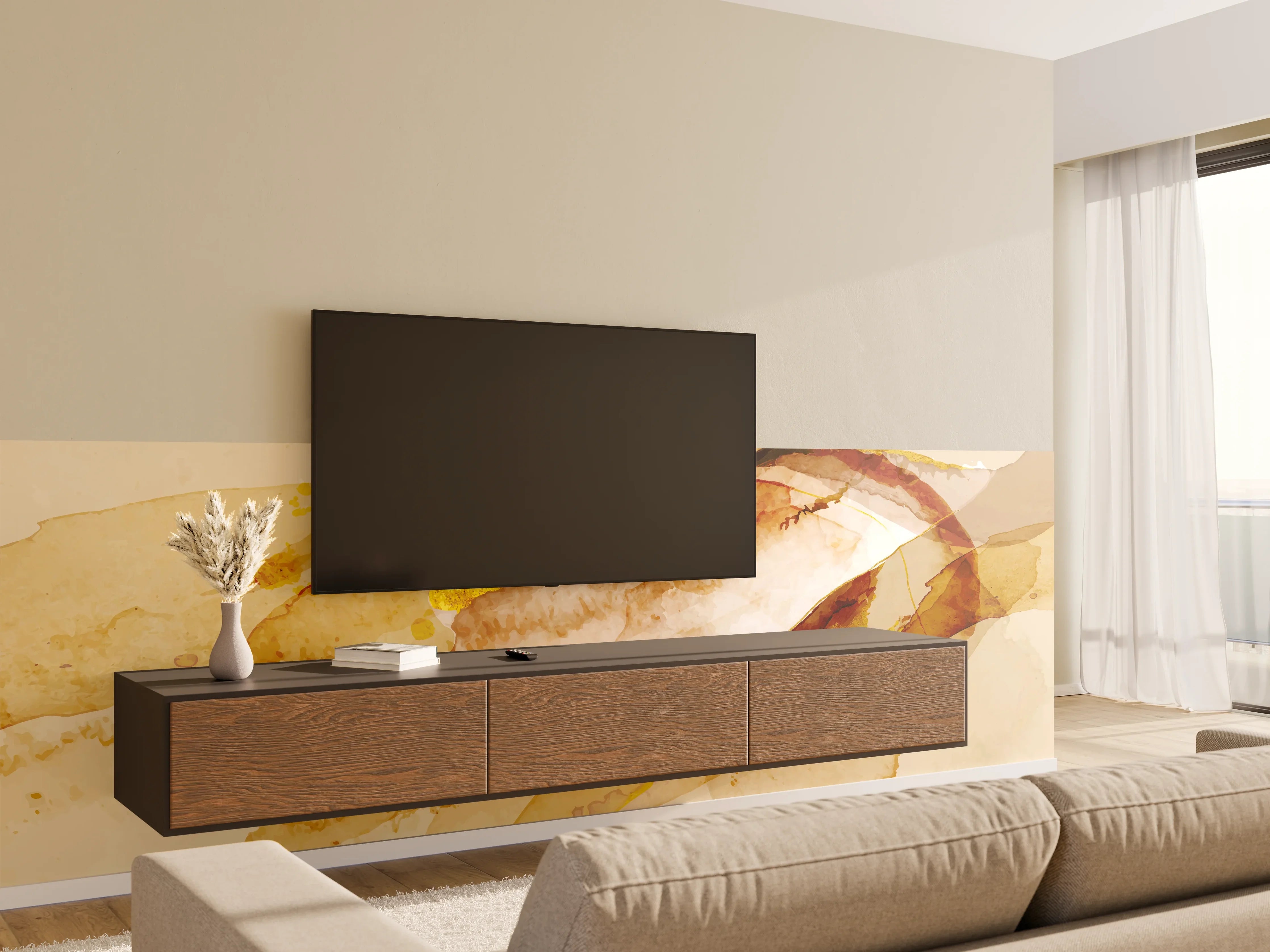 Wandverkleidung Wohnzimmer - Abstrakte Aquarell Gold-Nuancen