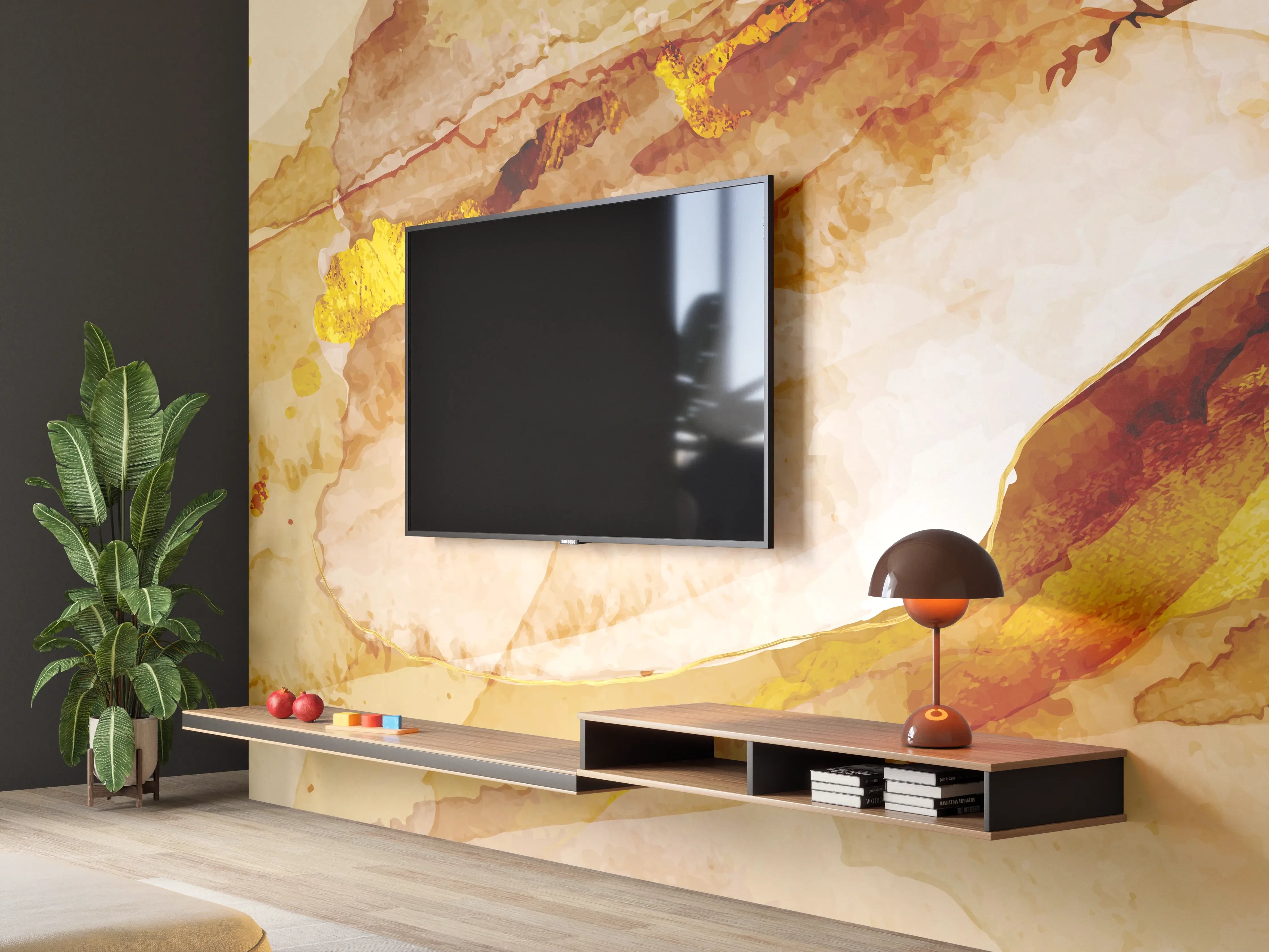 Wandverkleidung Wohnzimmer - Abstrakte Aquarell Gold-Nuancen