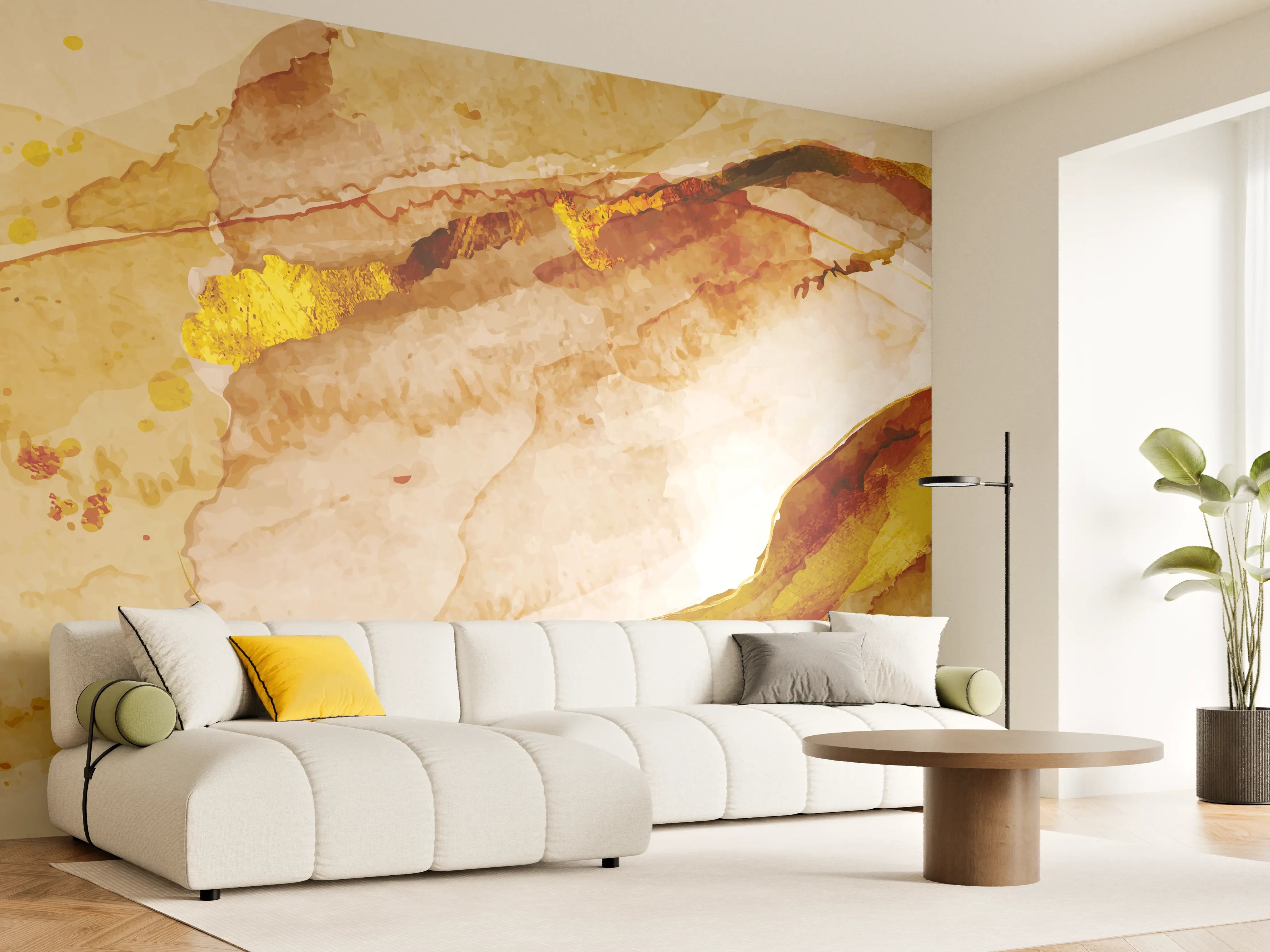 Wandverkleidung Wohnzimmer - Abstrakte Aquarell Gold-Nuancen