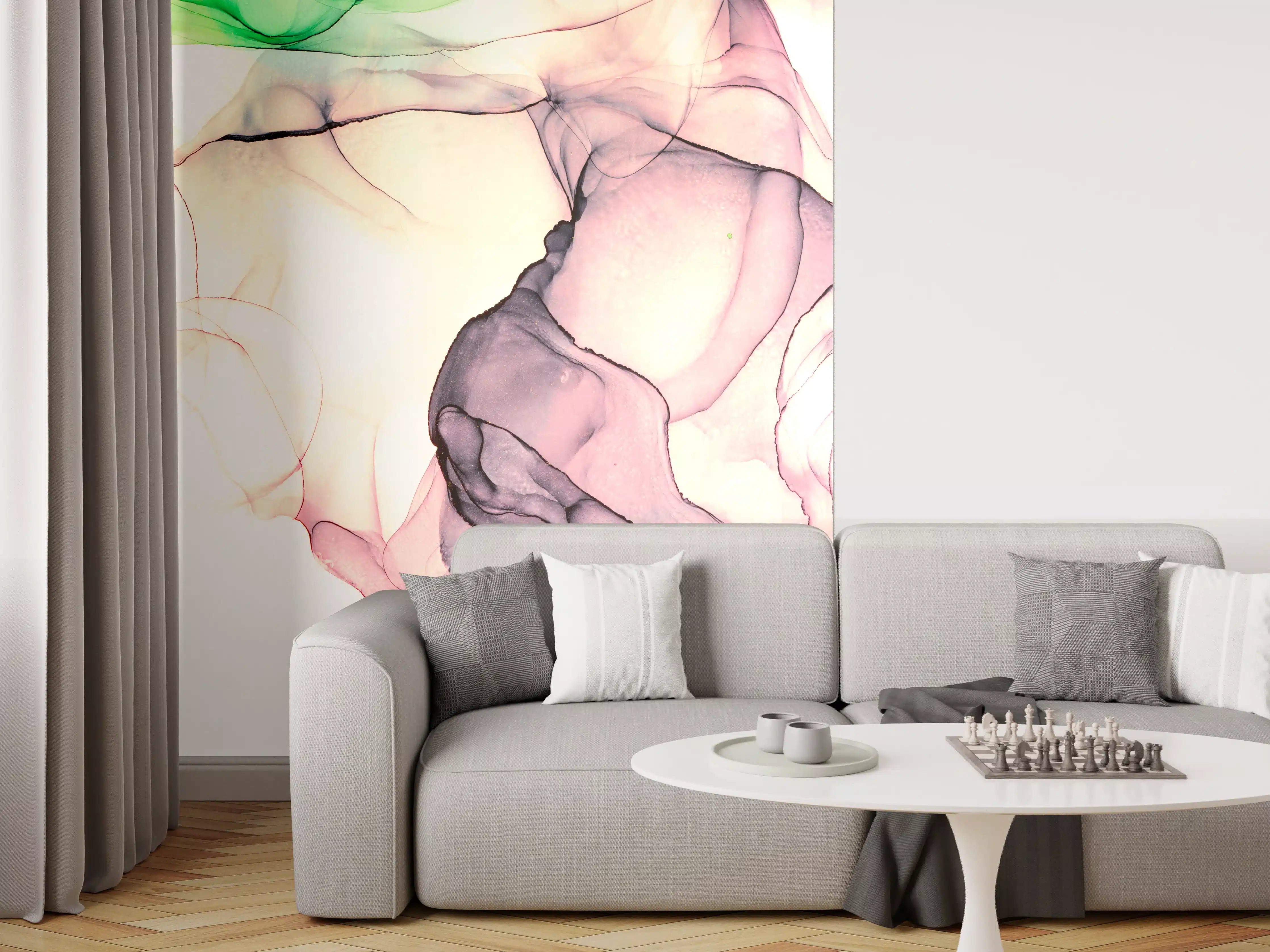 Wandverkleidung Wohnzimmer - Abstrakte Aquarellkunst in sanften Tönen