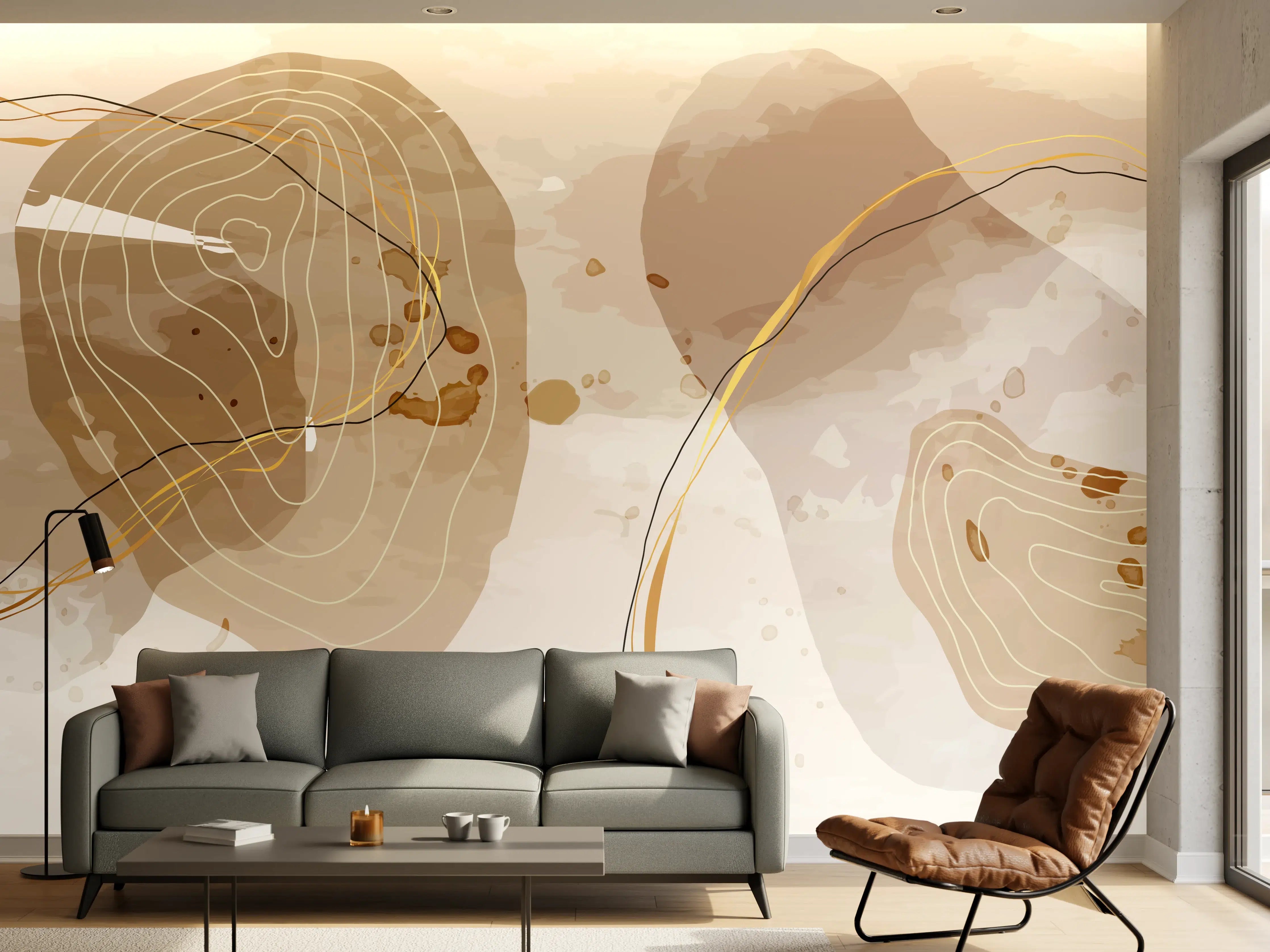 Wandverkleidung Wohnzimmer - Abstrakte Beige-Braune Linienkunst