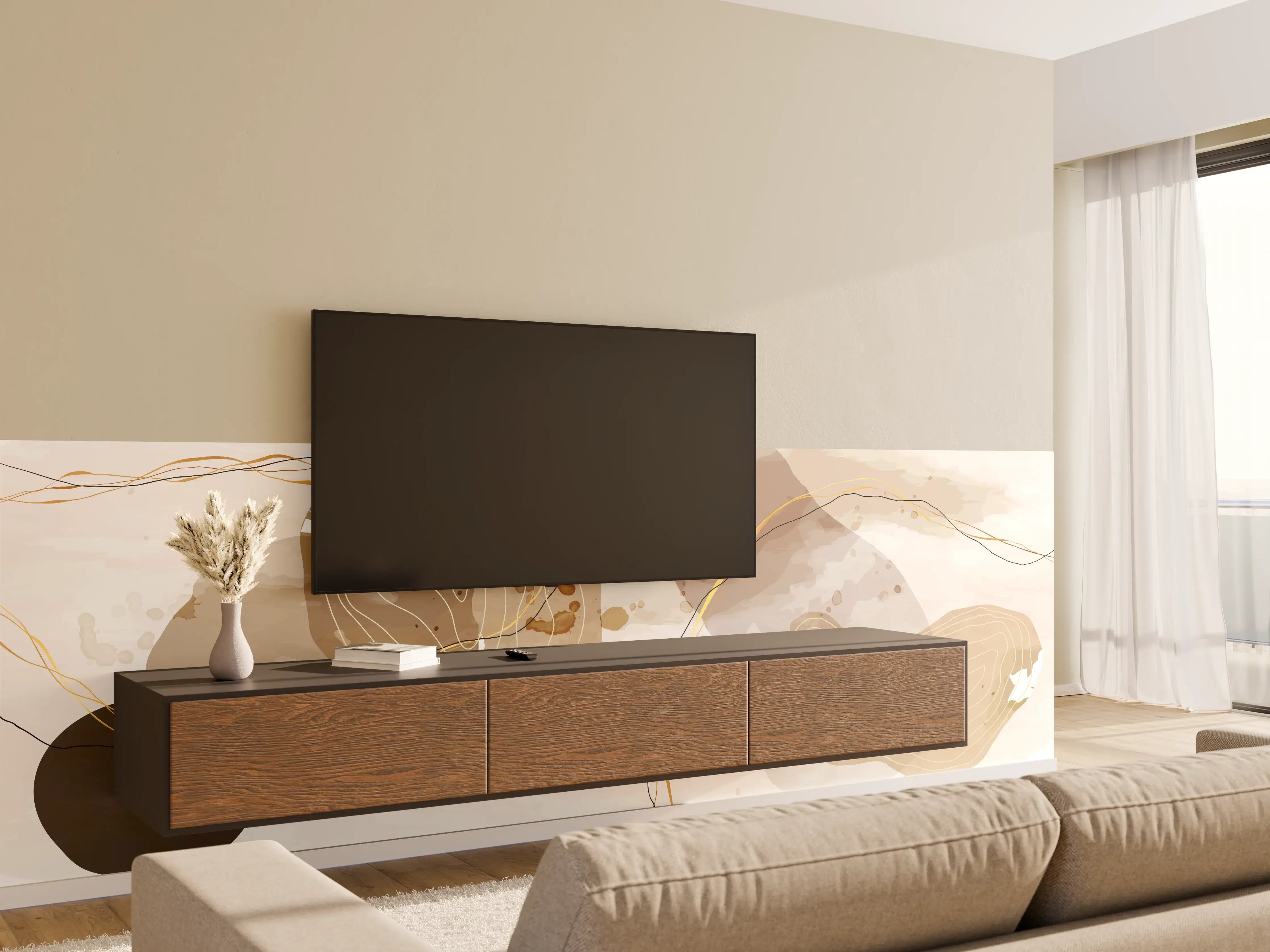Wandverkleidung Wohnzimmer - Abstrakte Beige-Braune Linienkunst
