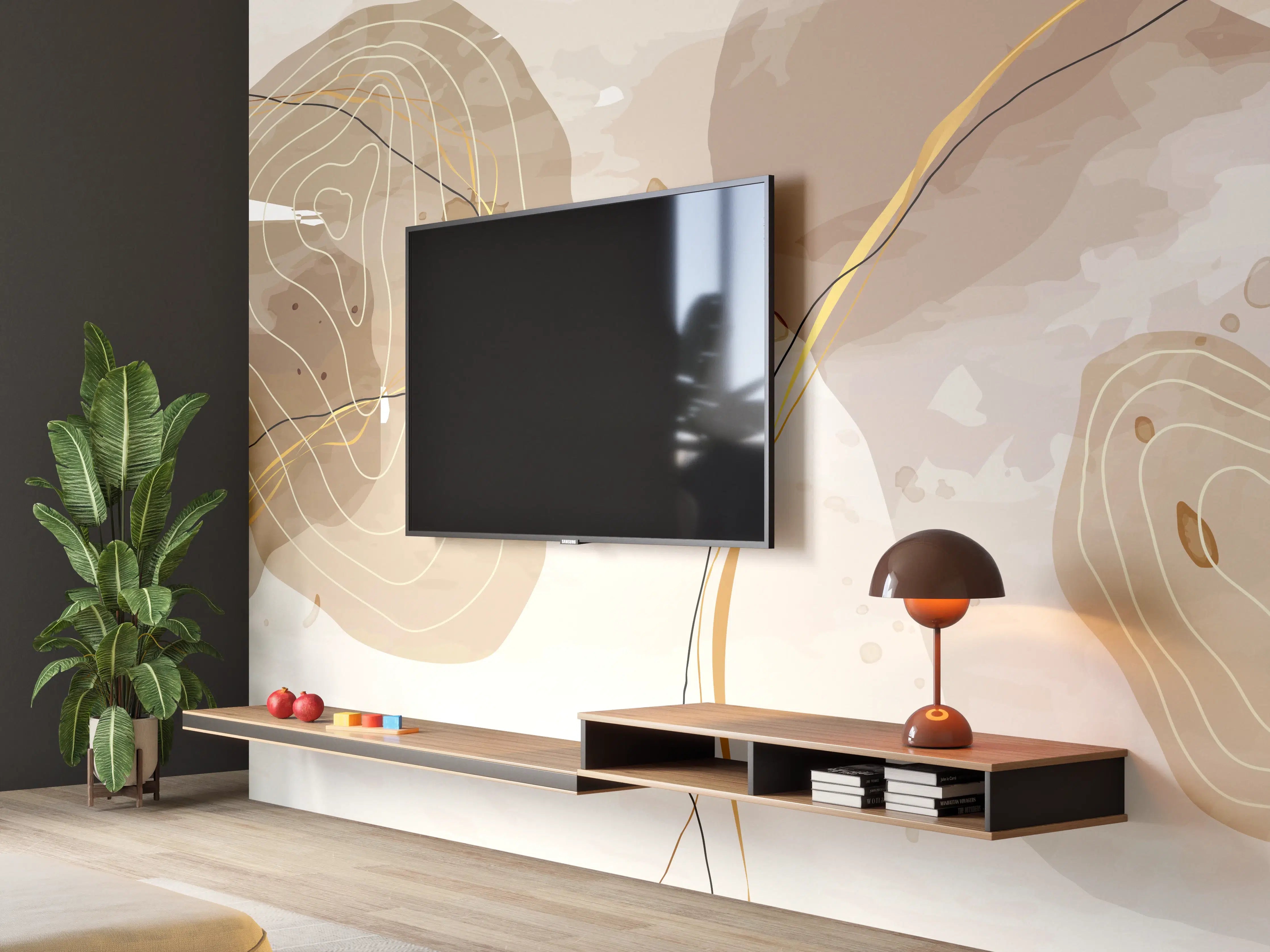 Wandverkleidung Wohnzimmer - Abstrakte Beige-Braune Linienkunst