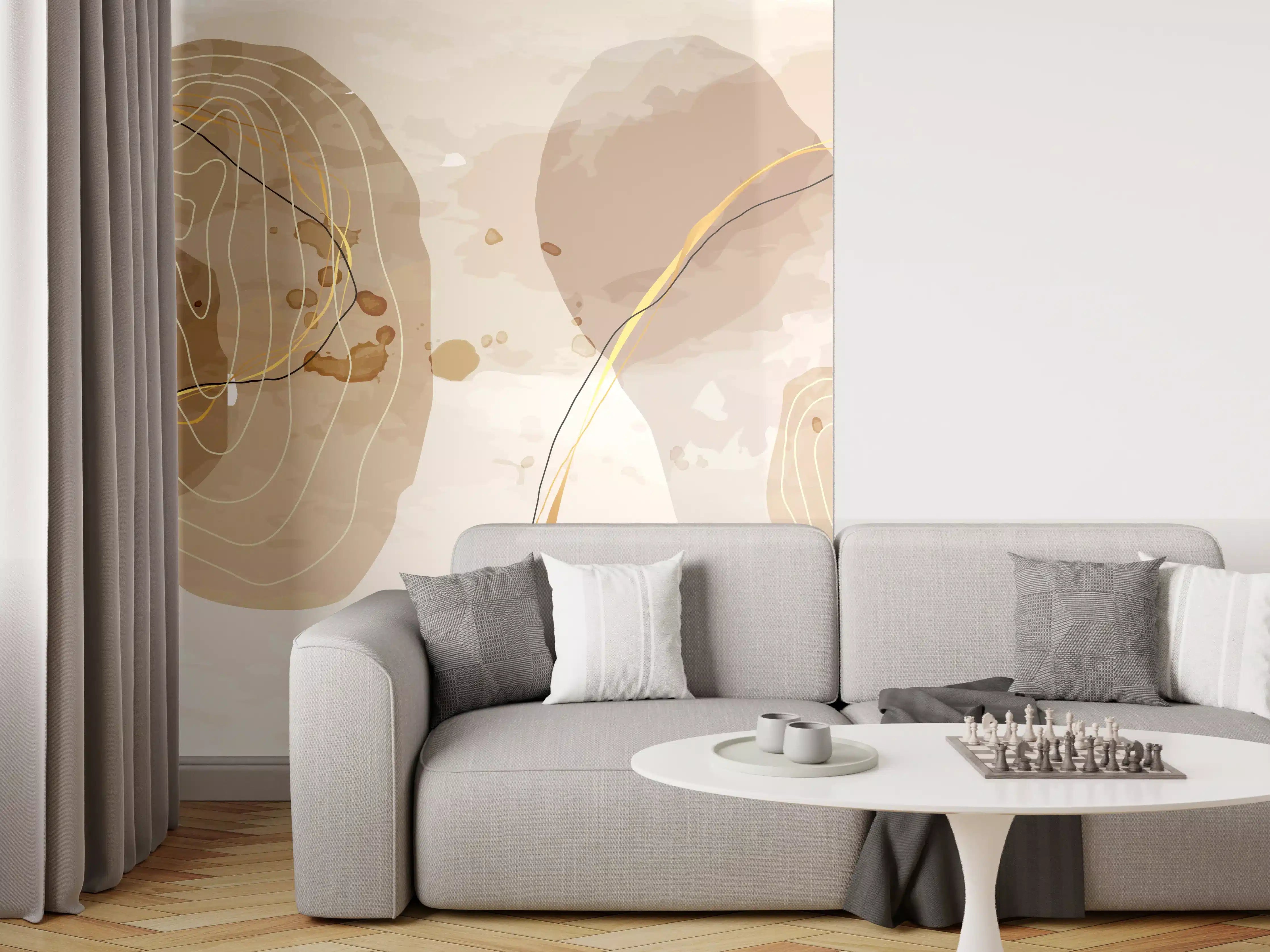 Wandverkleidung Wohnzimmer - Abstrakte Beige-Braune Linienkunst