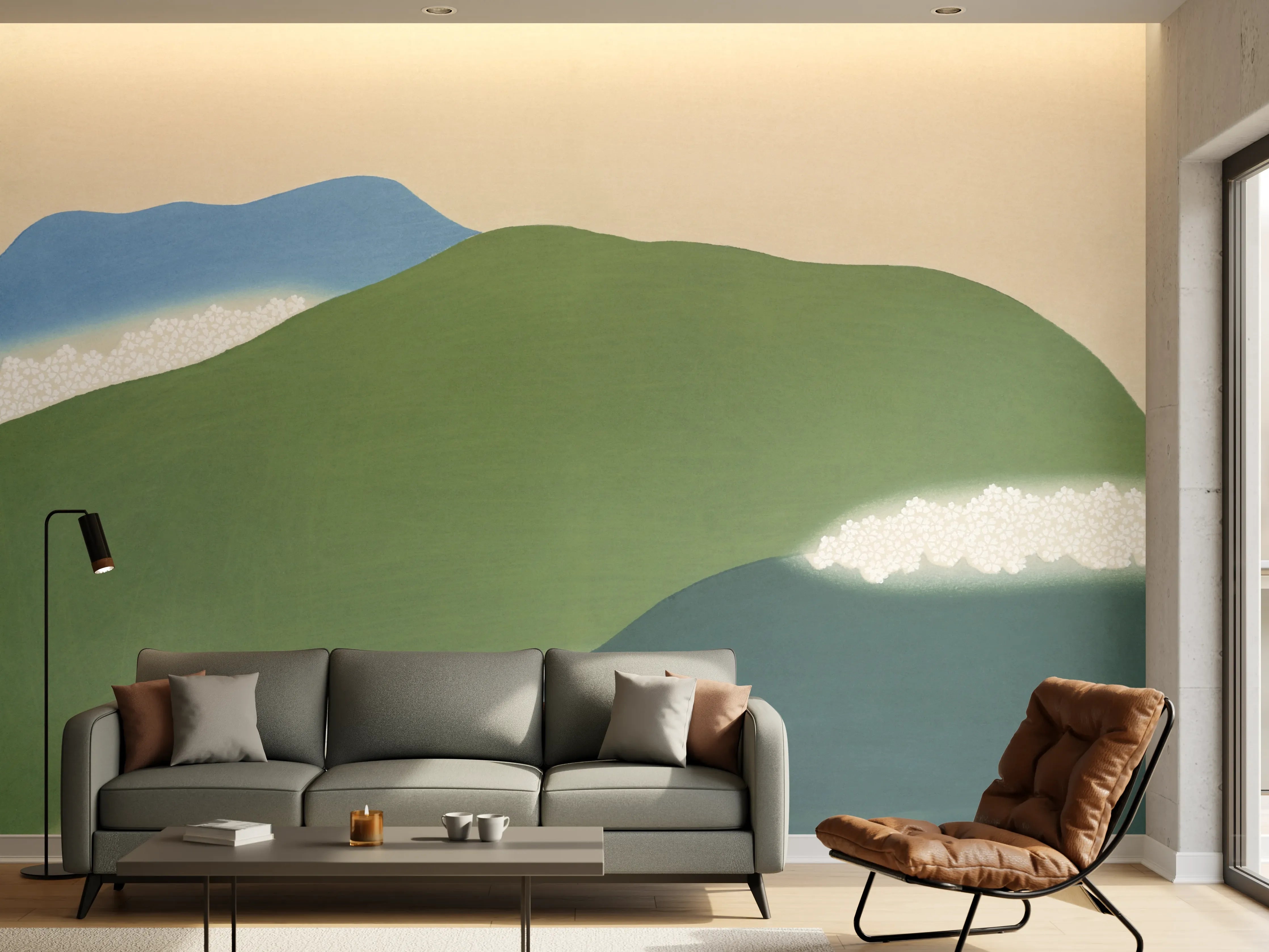 Wandverkleidung Wohnzimmer - Abstrakte Berg- und Wasserlandschaft