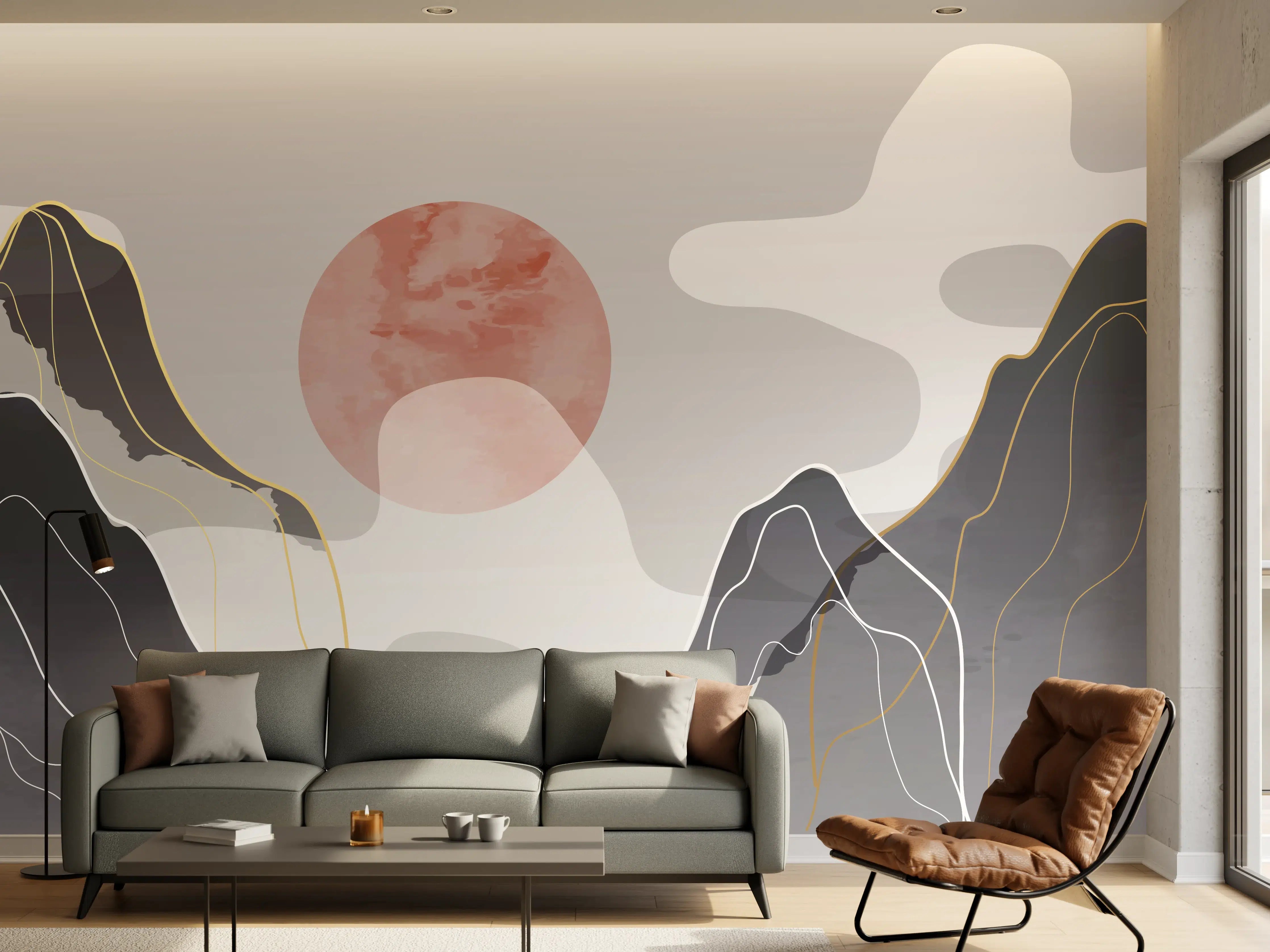 Wandverkleidung Wohnzimmer - Abstrakte Berge in Pastell