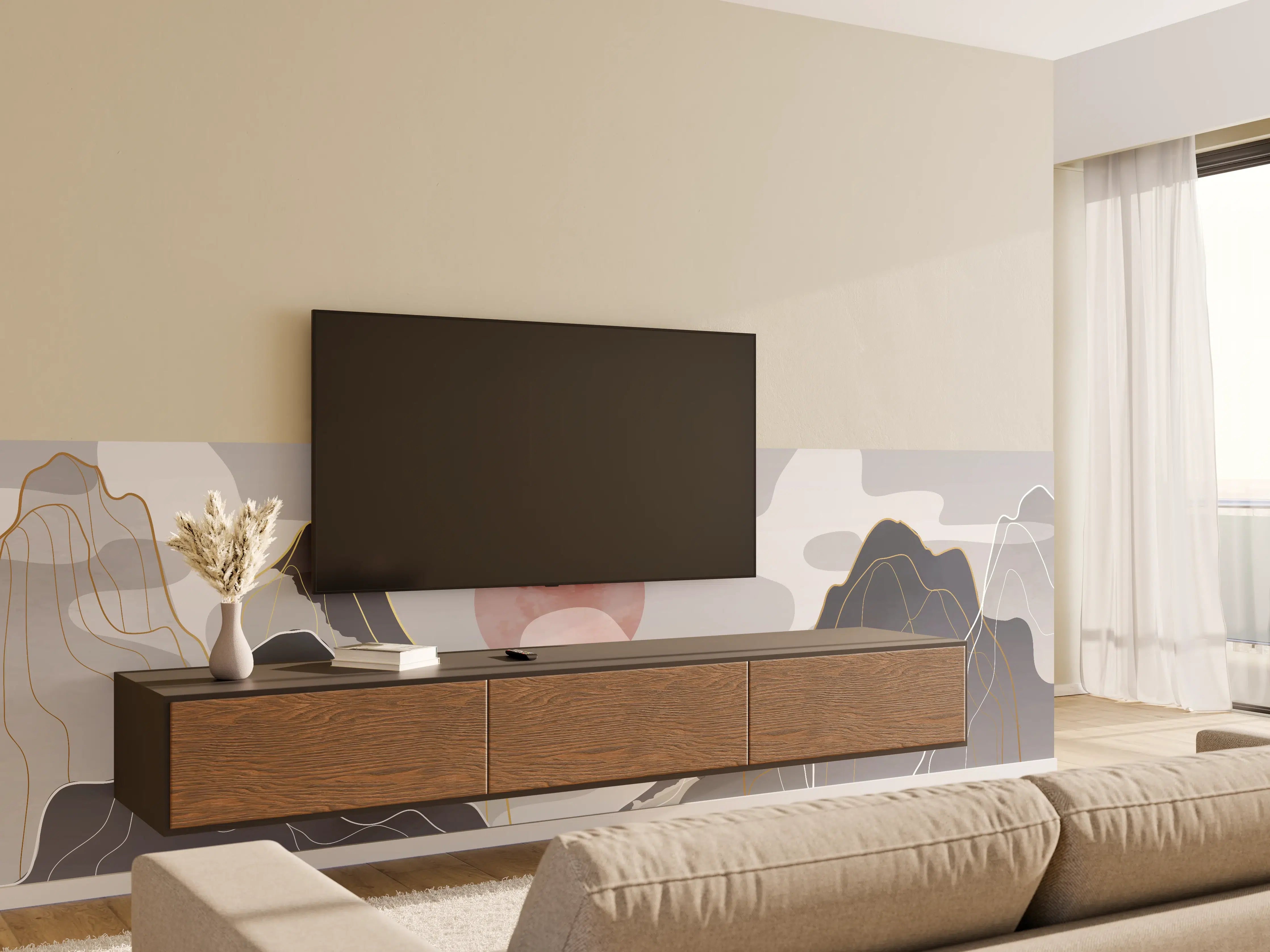 Wandverkleidung Wohnzimmer - Abstrakte Berge in Pastell