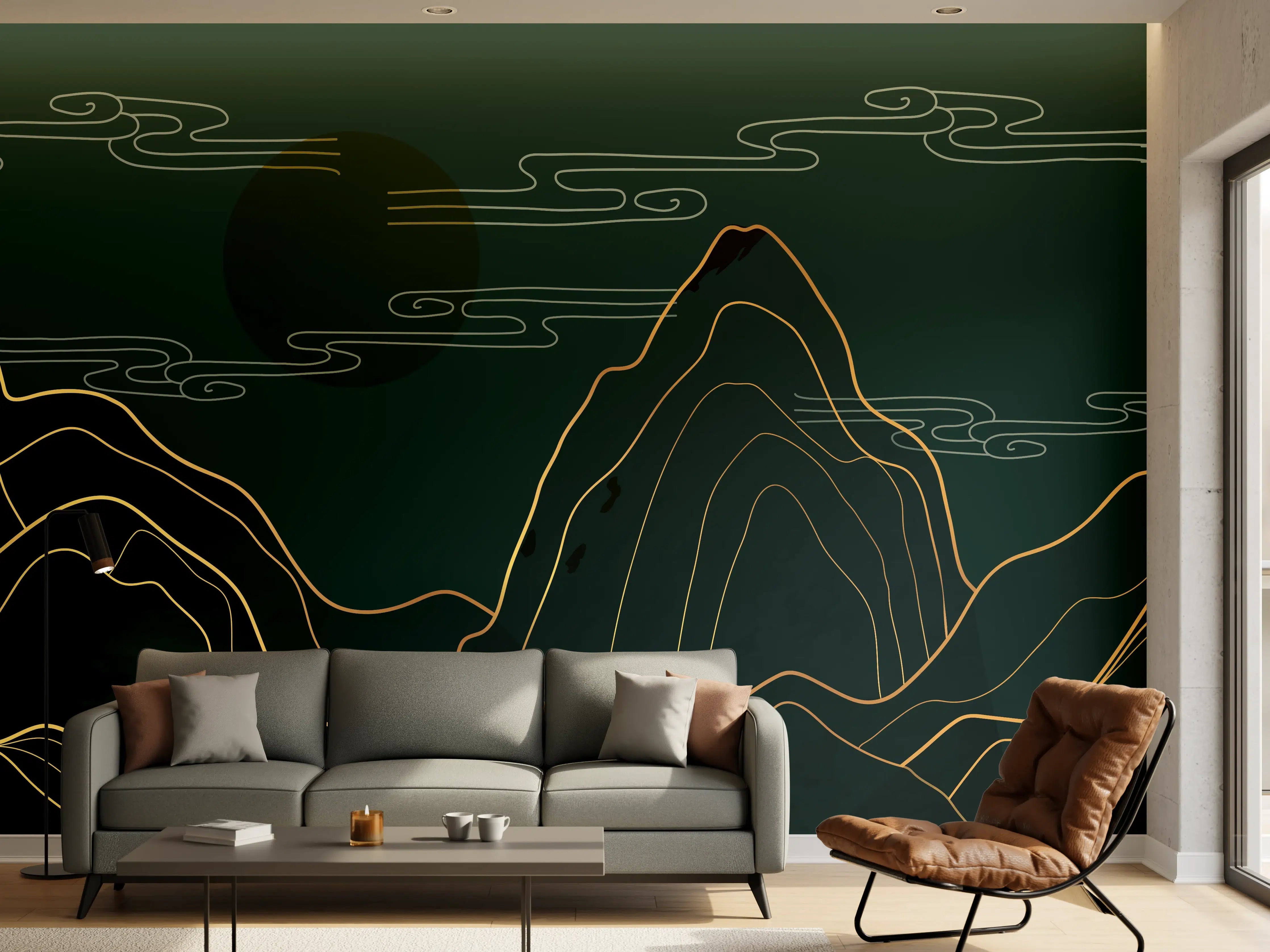 Wandverkleidung Wohnzimmer - Abstrakte Berglandschaft Linienkunst