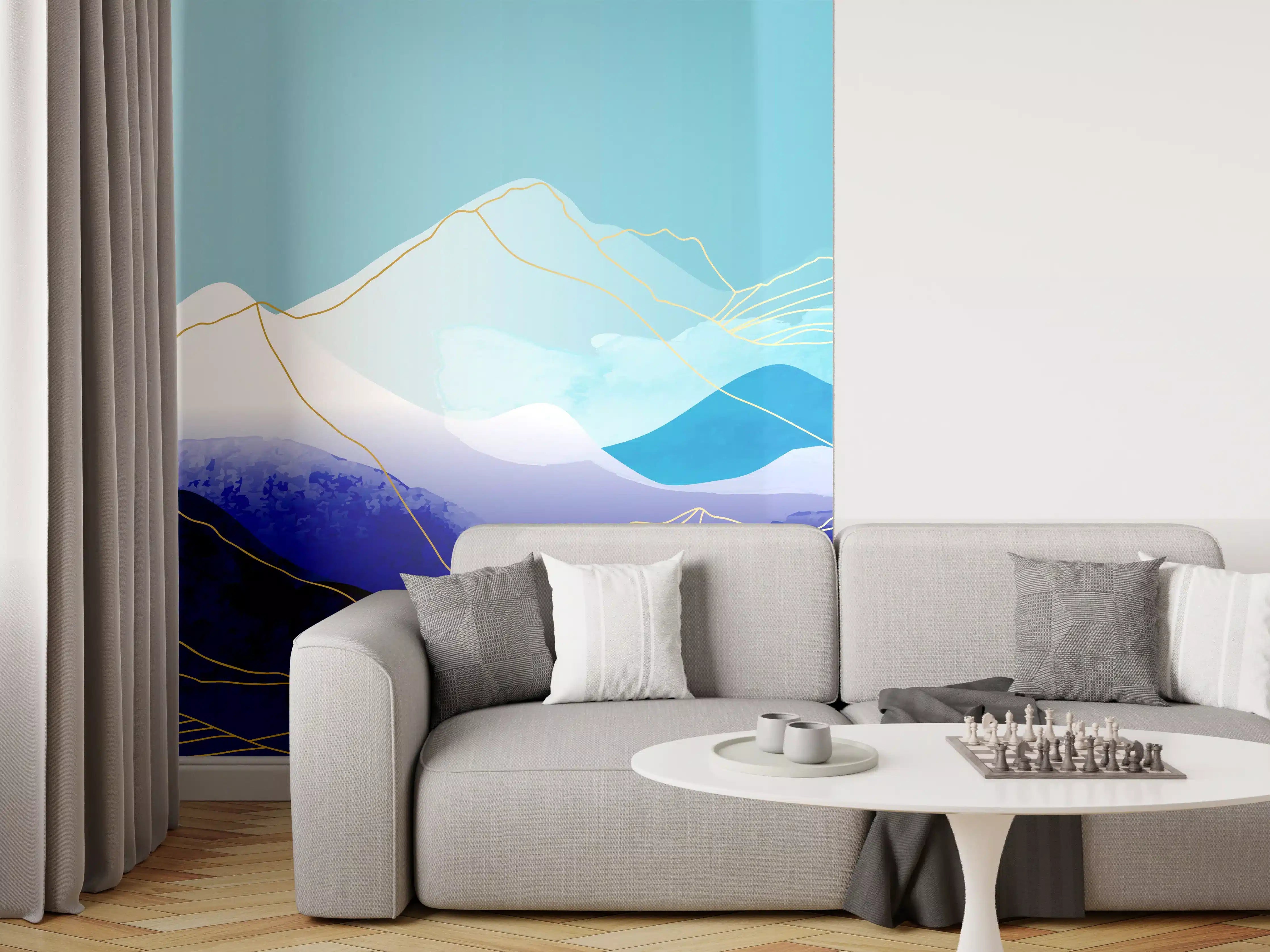 Wandverkleidung Wohnzimmer - Abstrakte Berglandschaft in Blautönen