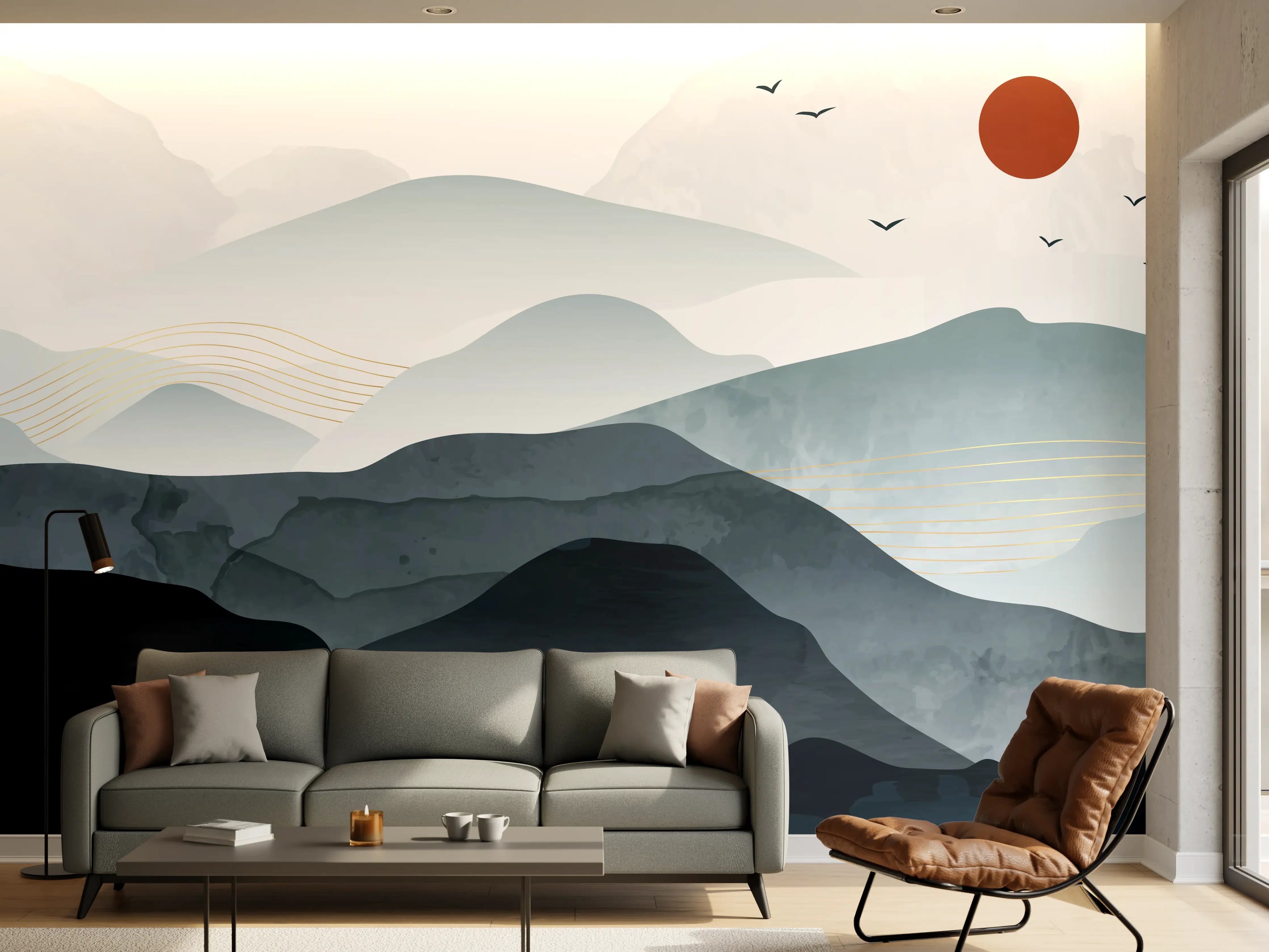 Wandverkleidung Wohnzimmer - Abstrakte Berglandschaft in Grautönen