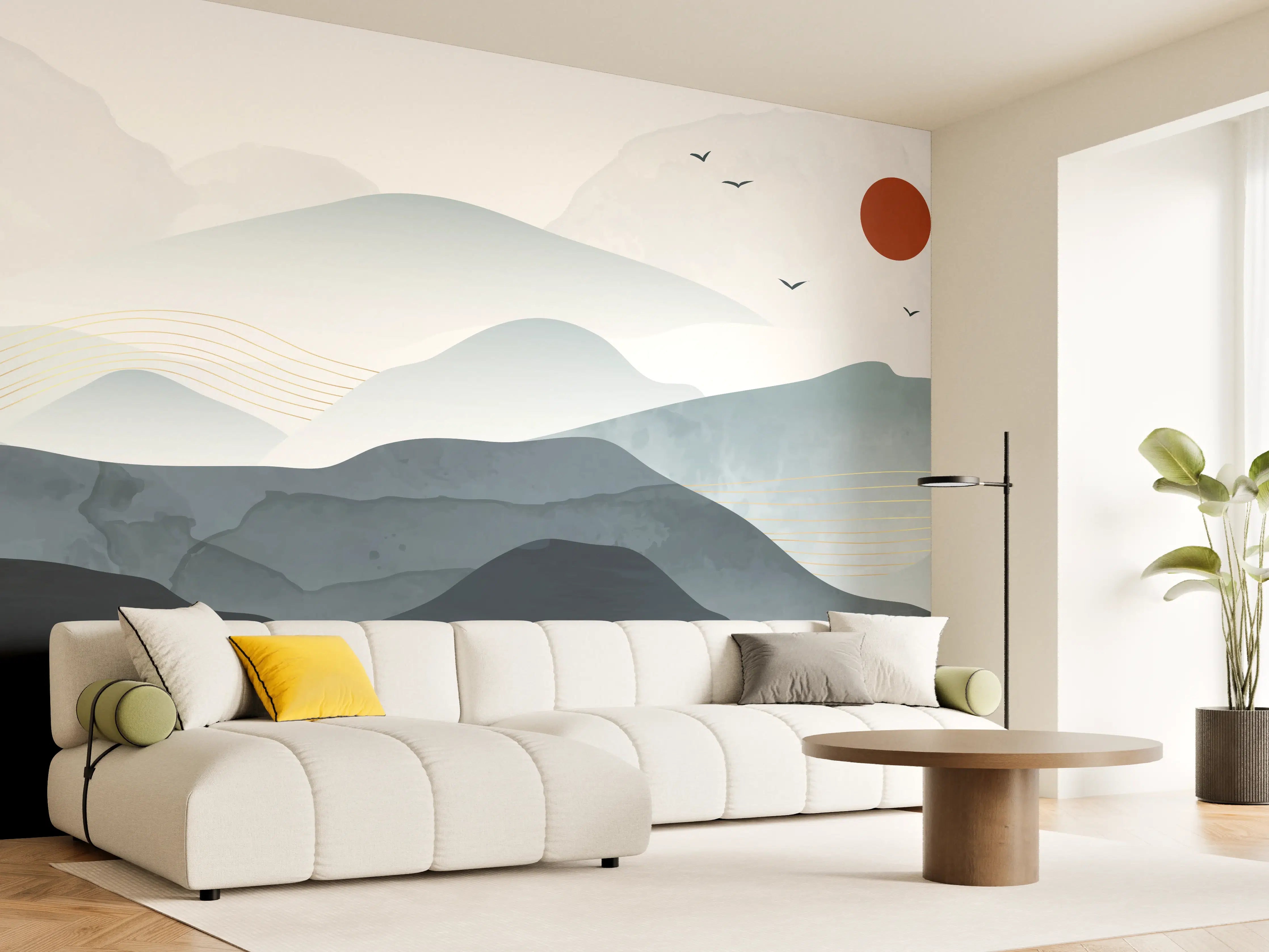 Wandverkleidung Wohnzimmer - Abstrakte Berglandschaft in Grautönen