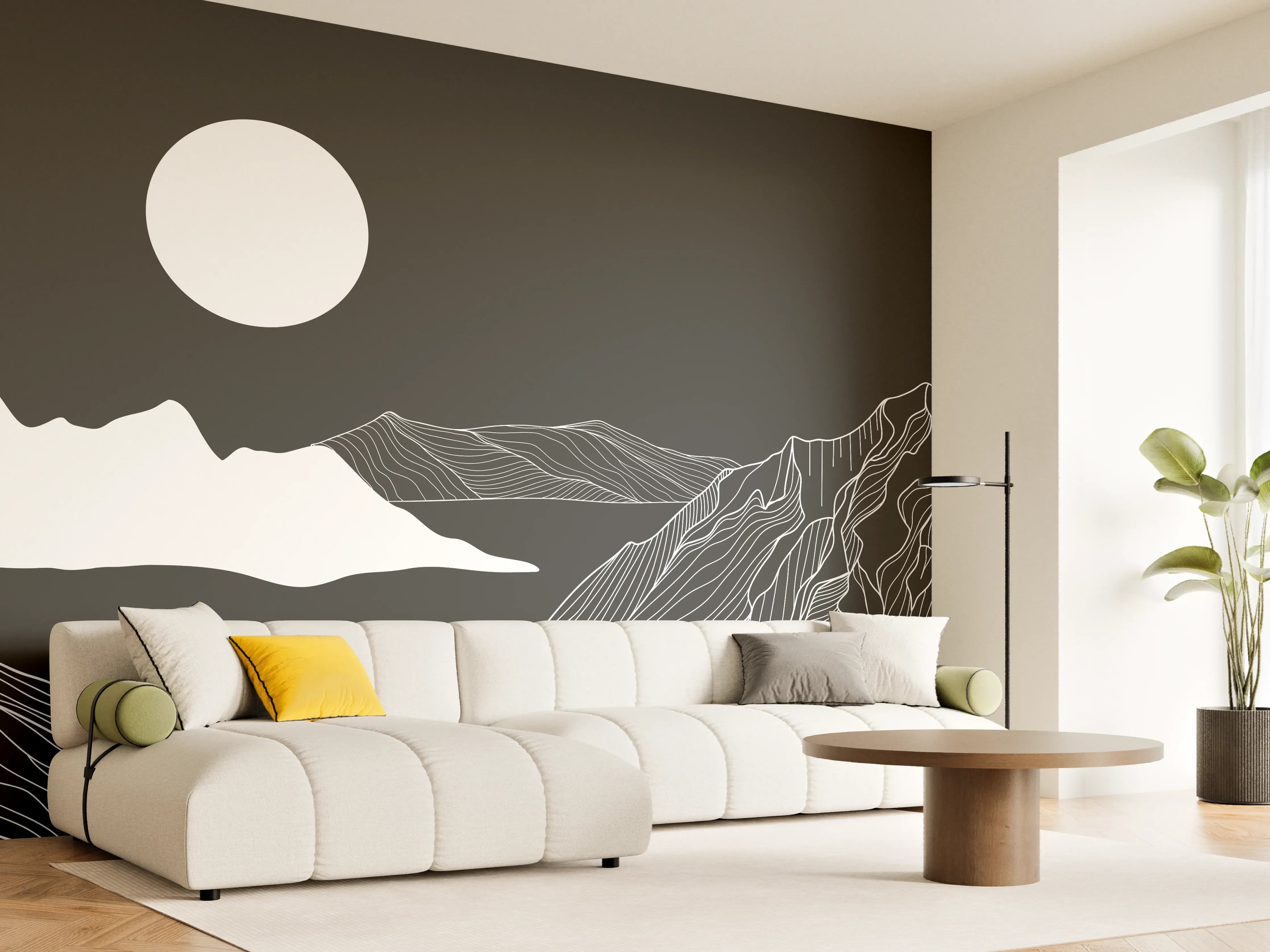 Wandverkleidung Wohnzimmer - Abstrakte Berglandschaft in Monochrom