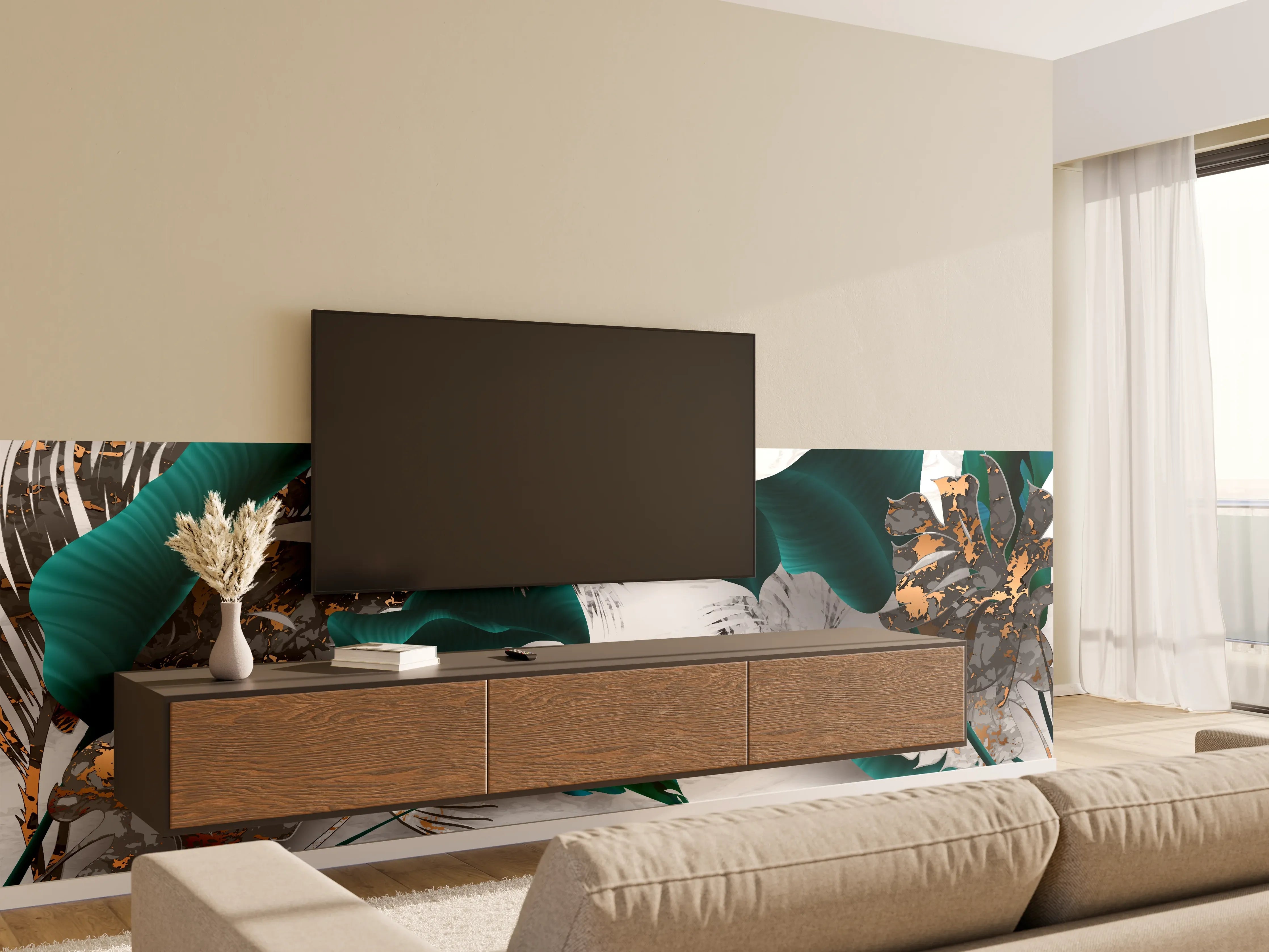 Wandverkleidung Wohnzimmer - Abstrakte Blatt Gold Grau Kunst