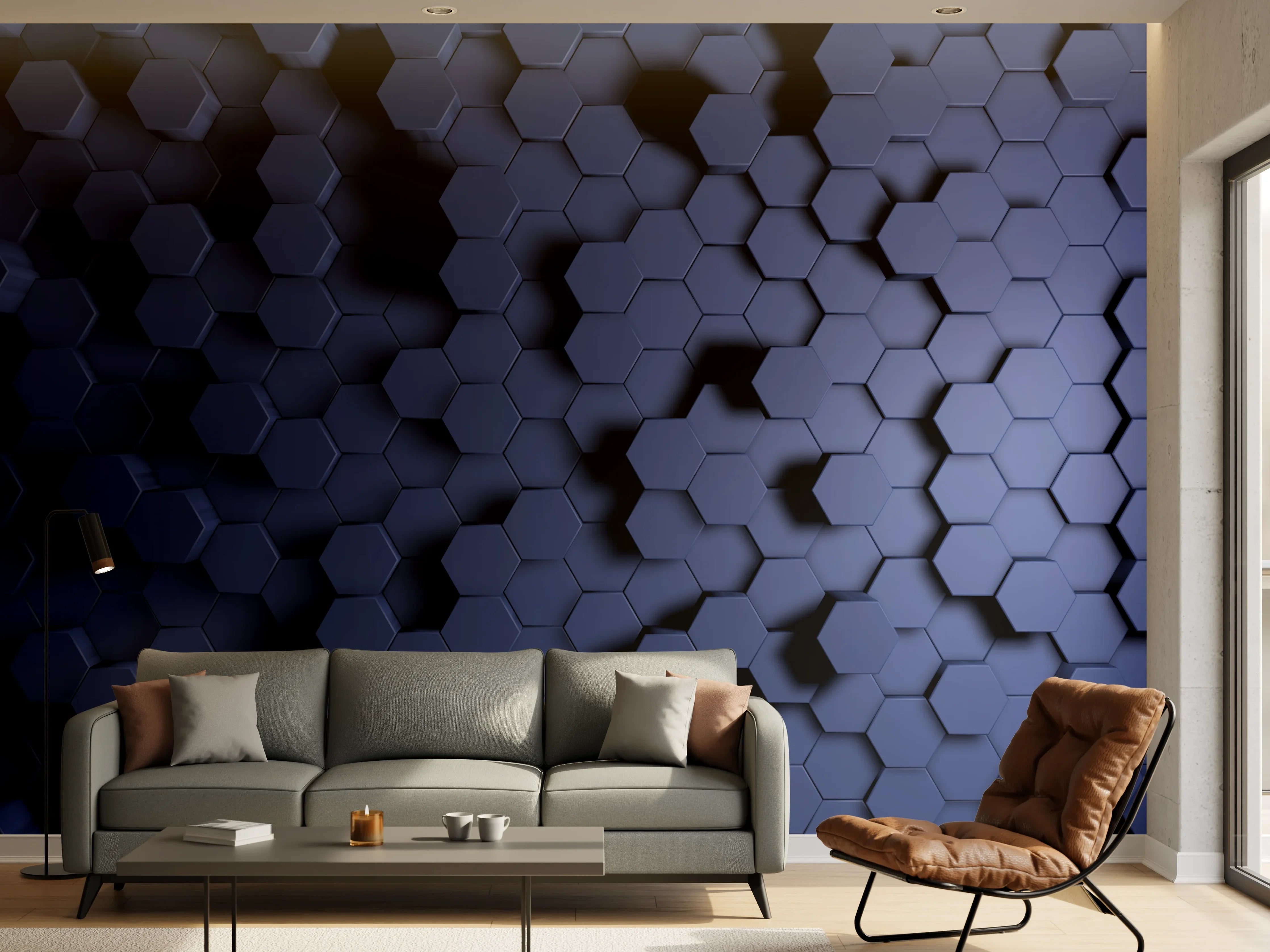 Wandverkleidung Wohnzimmer - Abstrakte Blau-Hexagon-Struktur