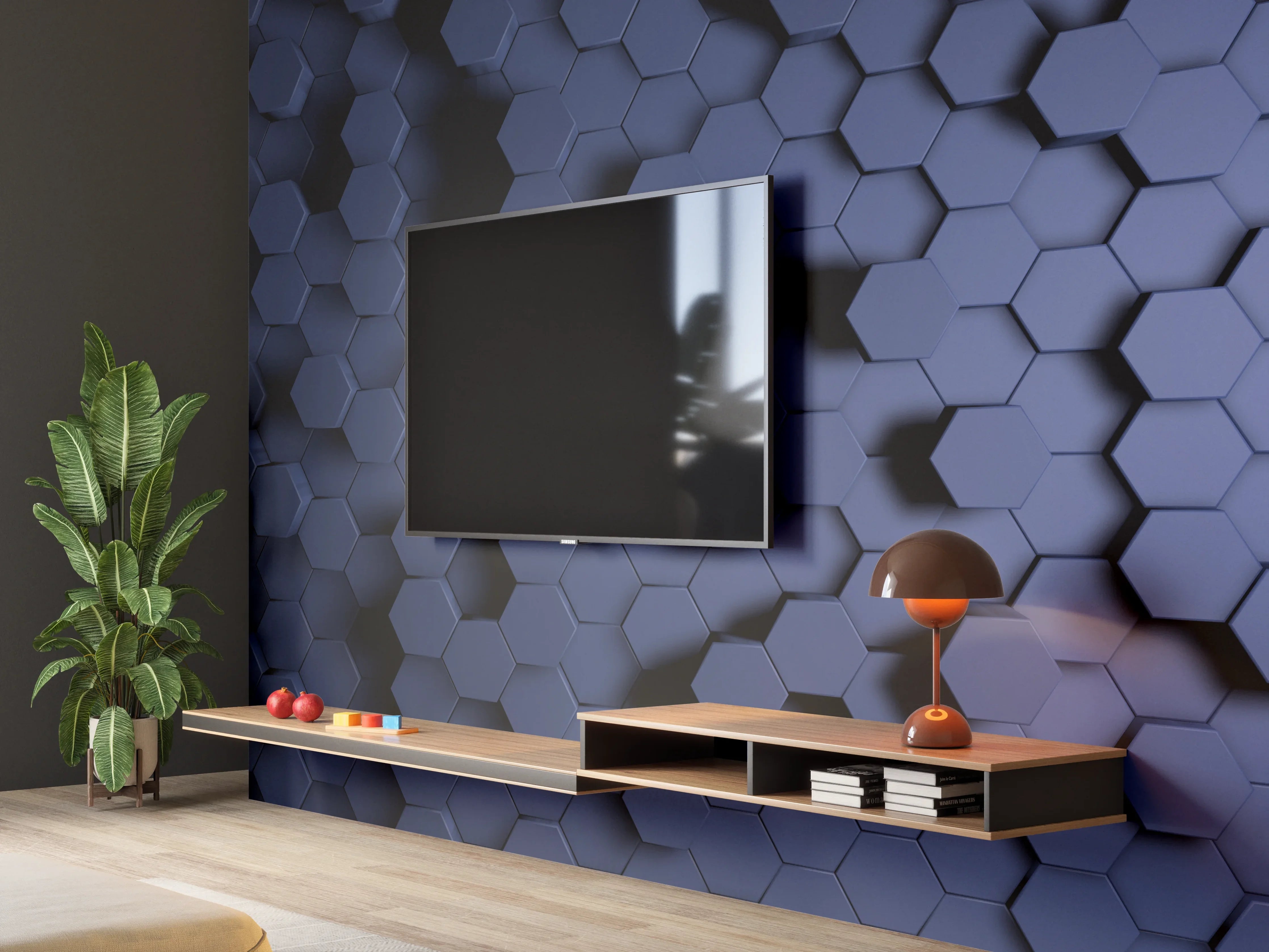 Wandverkleidung Wohnzimmer - Abstrakte Blau-Hexagon-Struktur