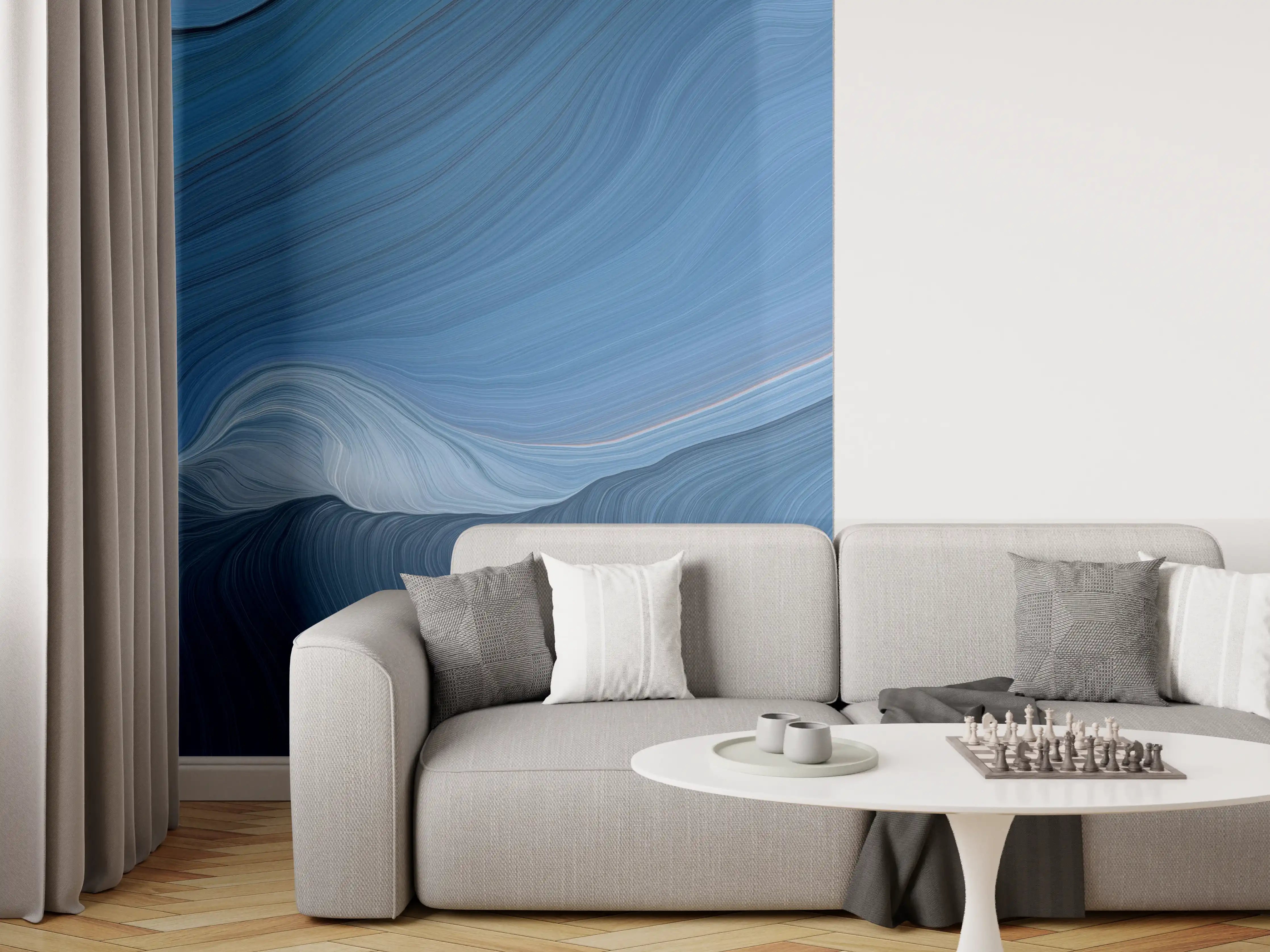 Wandverkleidung Wohnzimmer - Abstrakte Blaue Kunstgestaltung mit warmen Akzenten