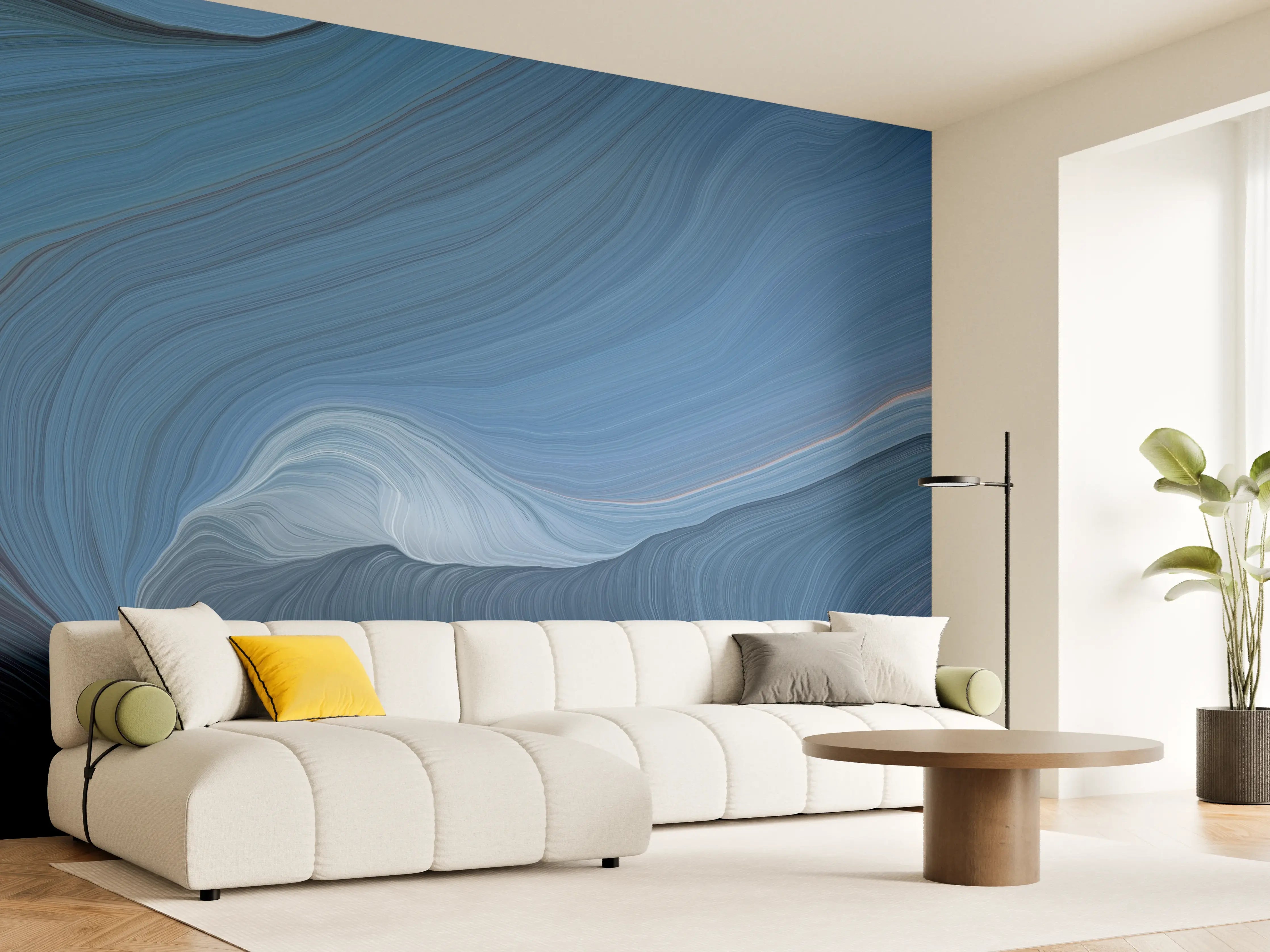 Wandverkleidung Wohnzimmer - Abstrakte Blaue Kunstgestaltung mit warmen Akzenten