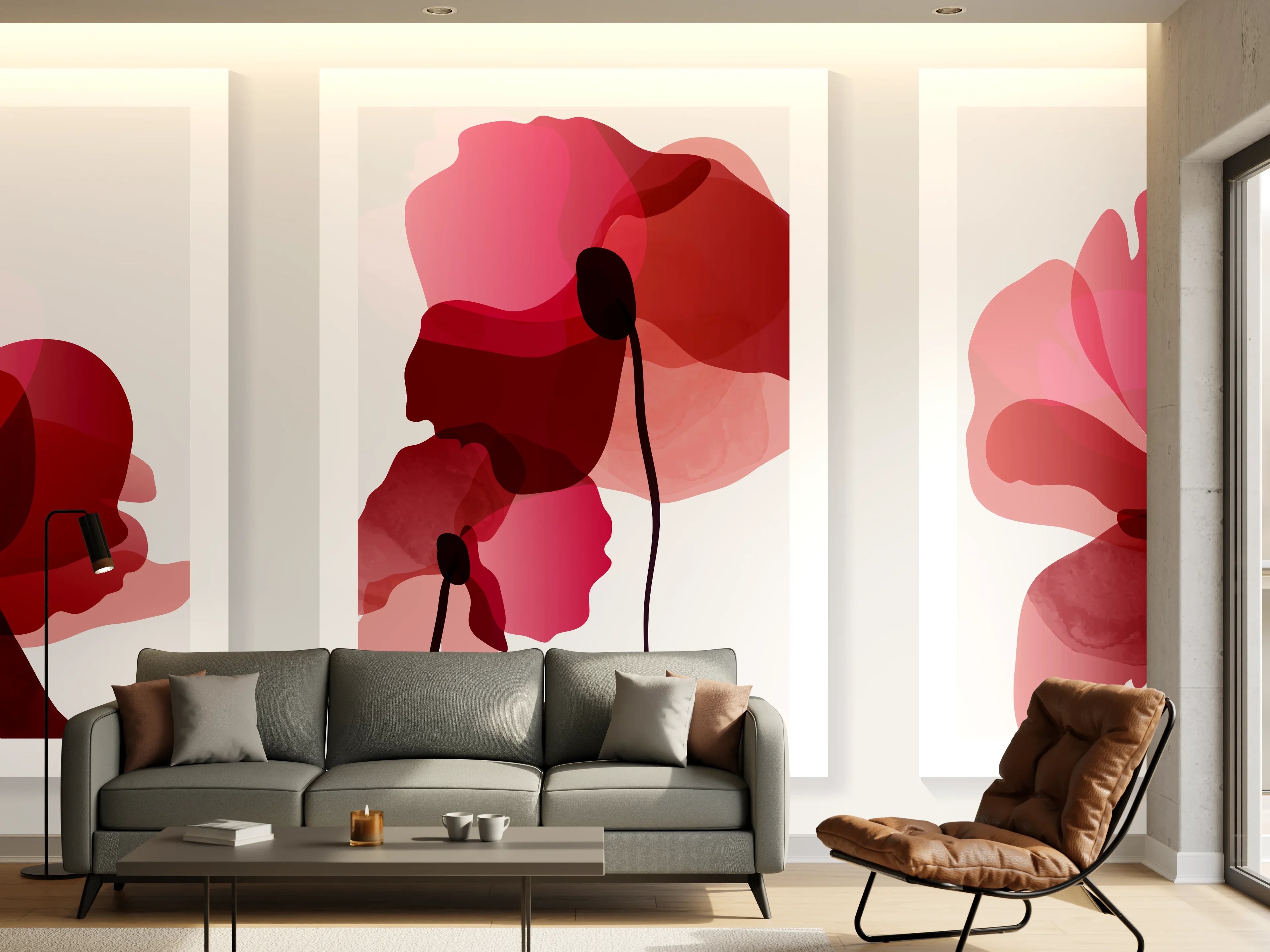 Wandverkleidung Wohnzimmer - Abstrakte Blüten Rot-Pink