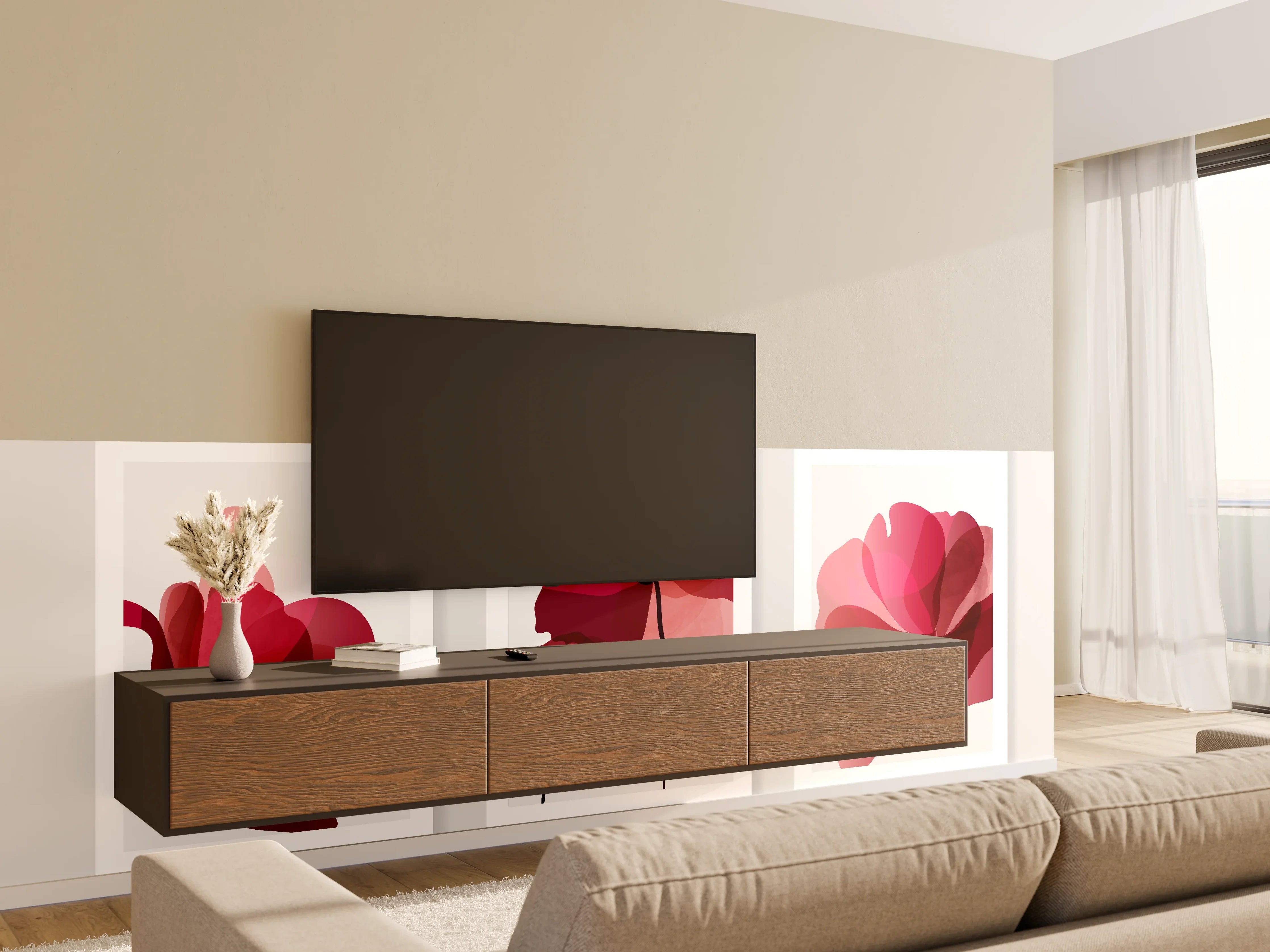 Wandverkleidung Wohnzimmer - Abstrakte Blüten Rot-Pink