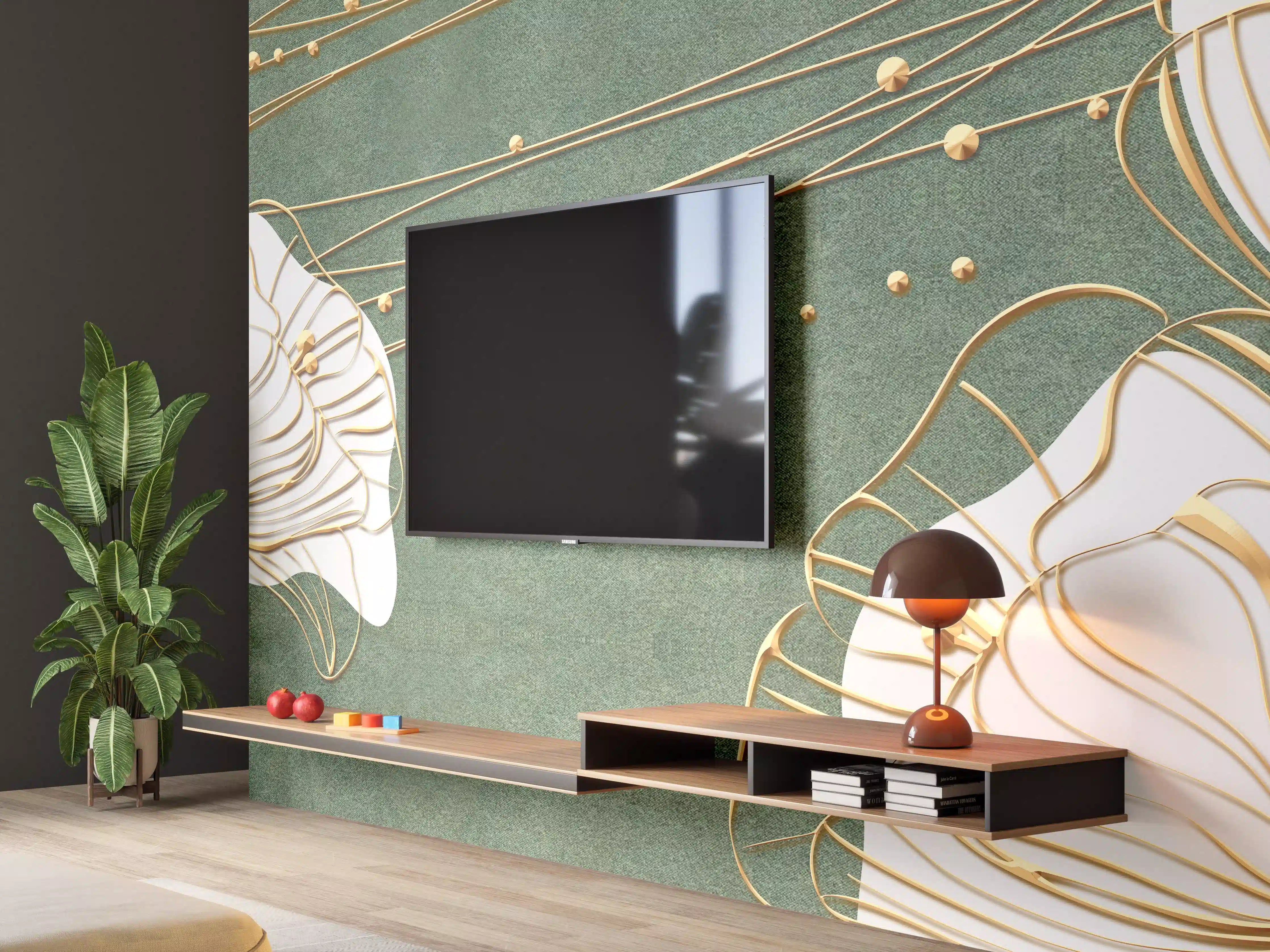 Wandverkleidung Wohnzimmer - Abstrakte Blumen Beige Grün