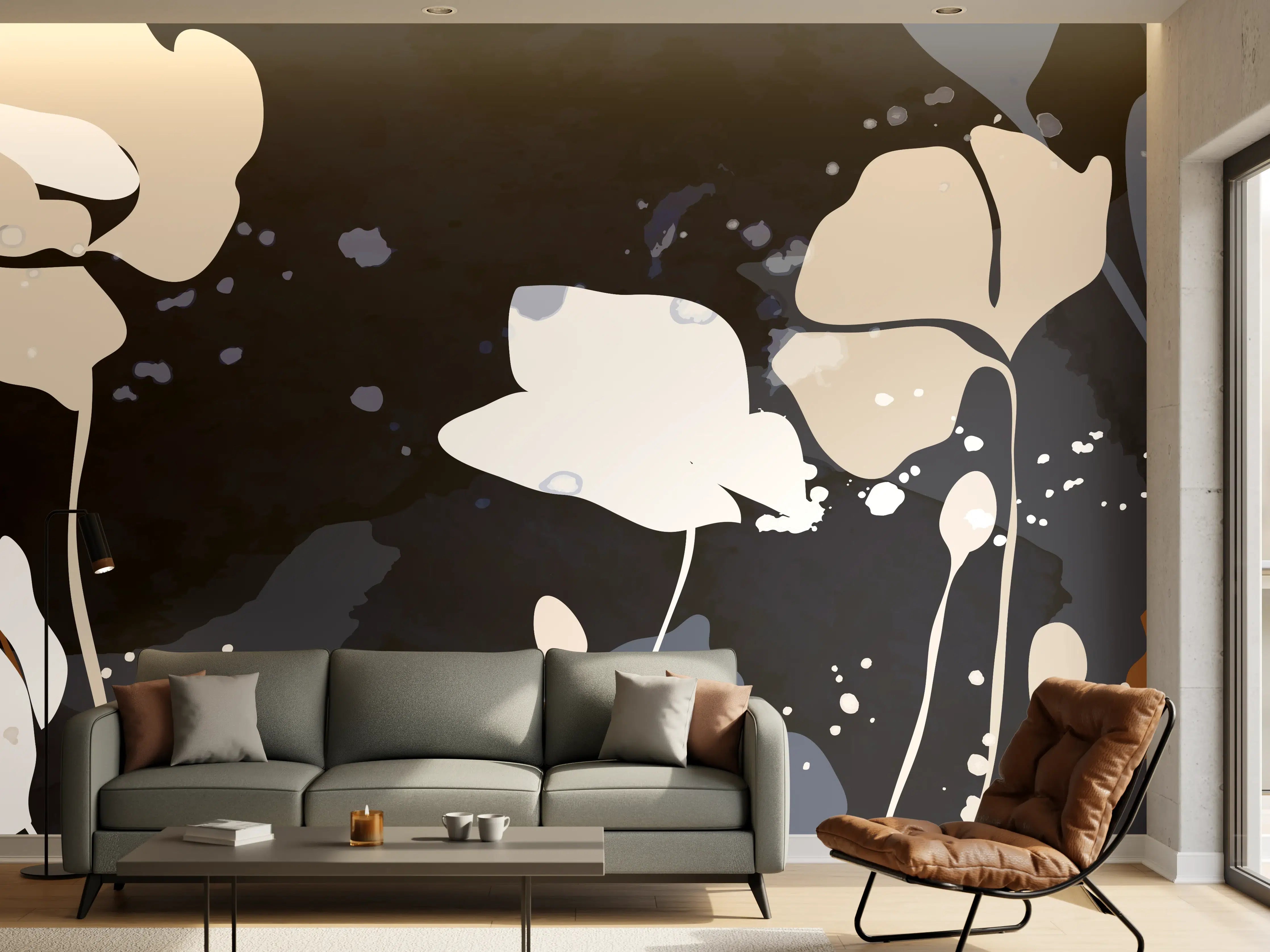 Wandverkleidung Wohnzimmer - Abstrakte Blumen Dunkles Design