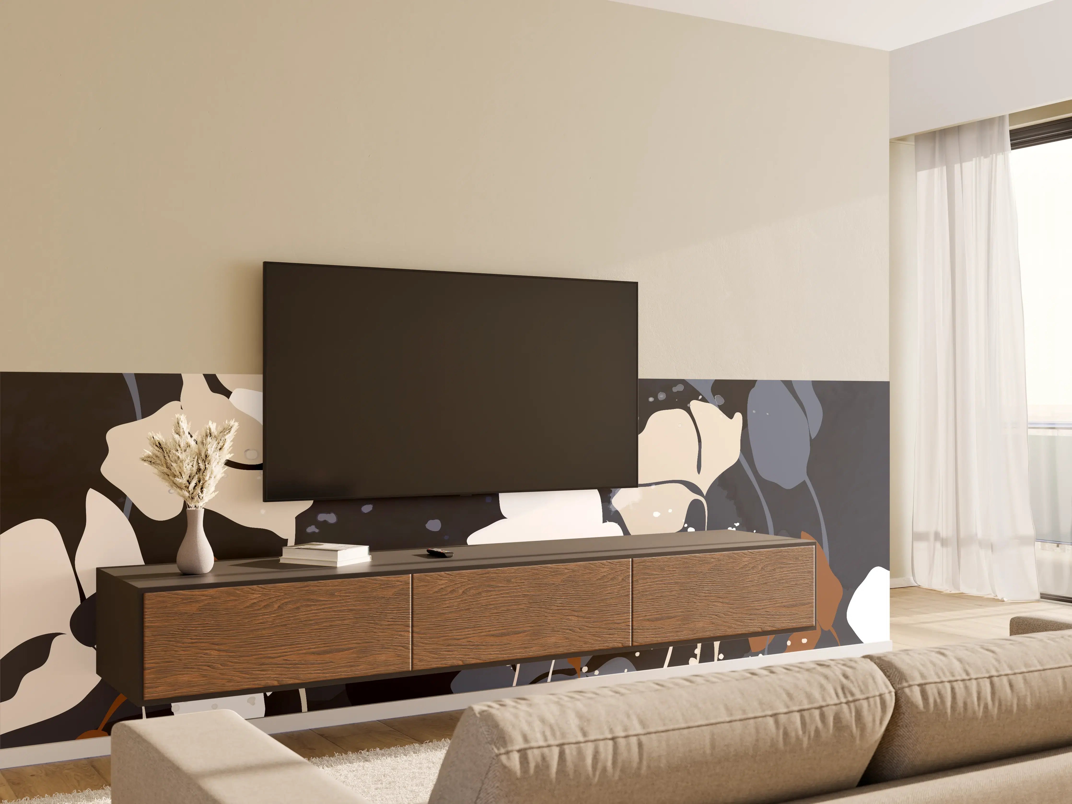 Wandverkleidung Wohnzimmer - Abstrakte Blumen Dunkles Design