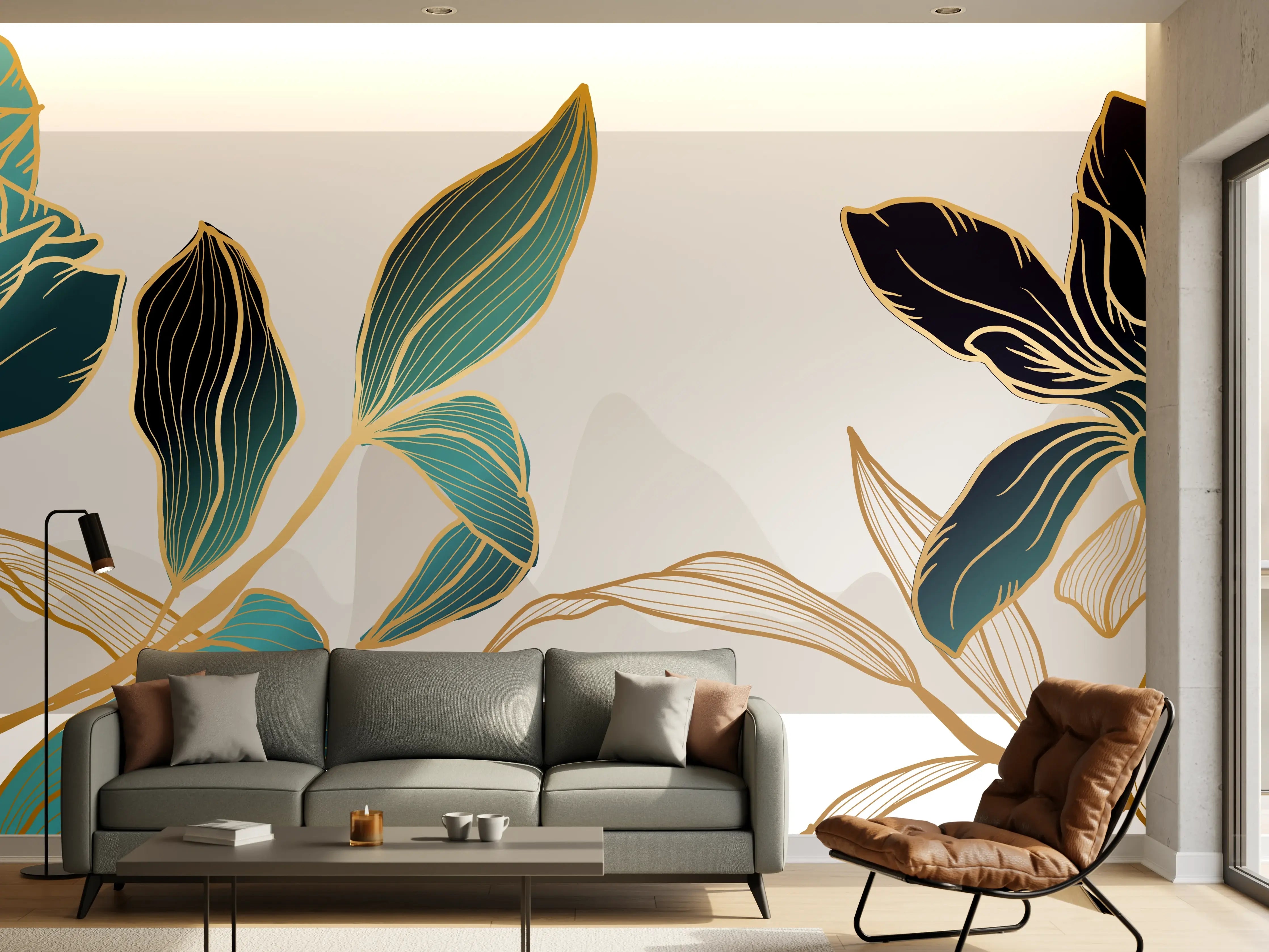 Wandverkleidung Wohnzimmer - Abstrakte Blumen Gold-Blau Illustration