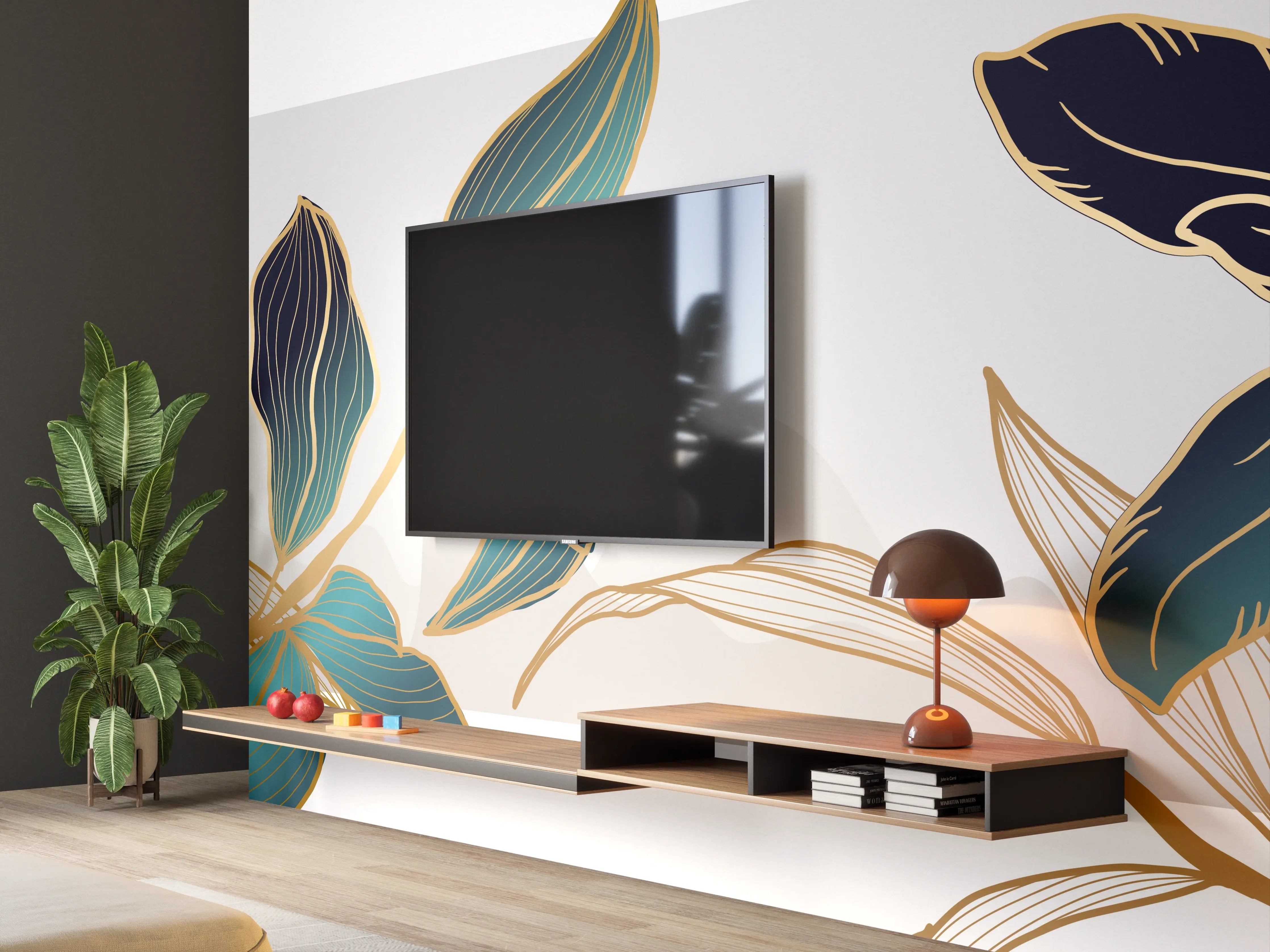 Wandverkleidung Wohnzimmer - Abstrakte Blumen Gold-Blau Illustration