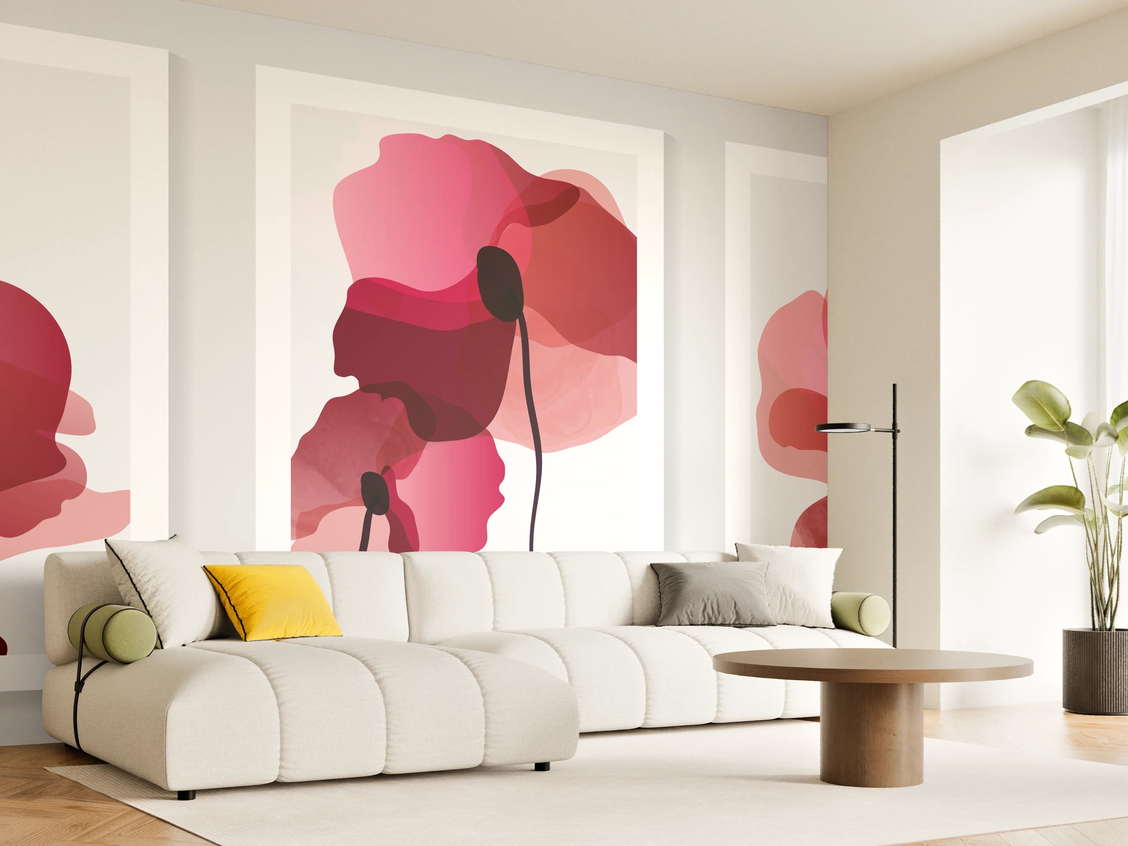 Wandverkleidung Wohnzimmer - Abstrakte Blumen Triptychon Rot