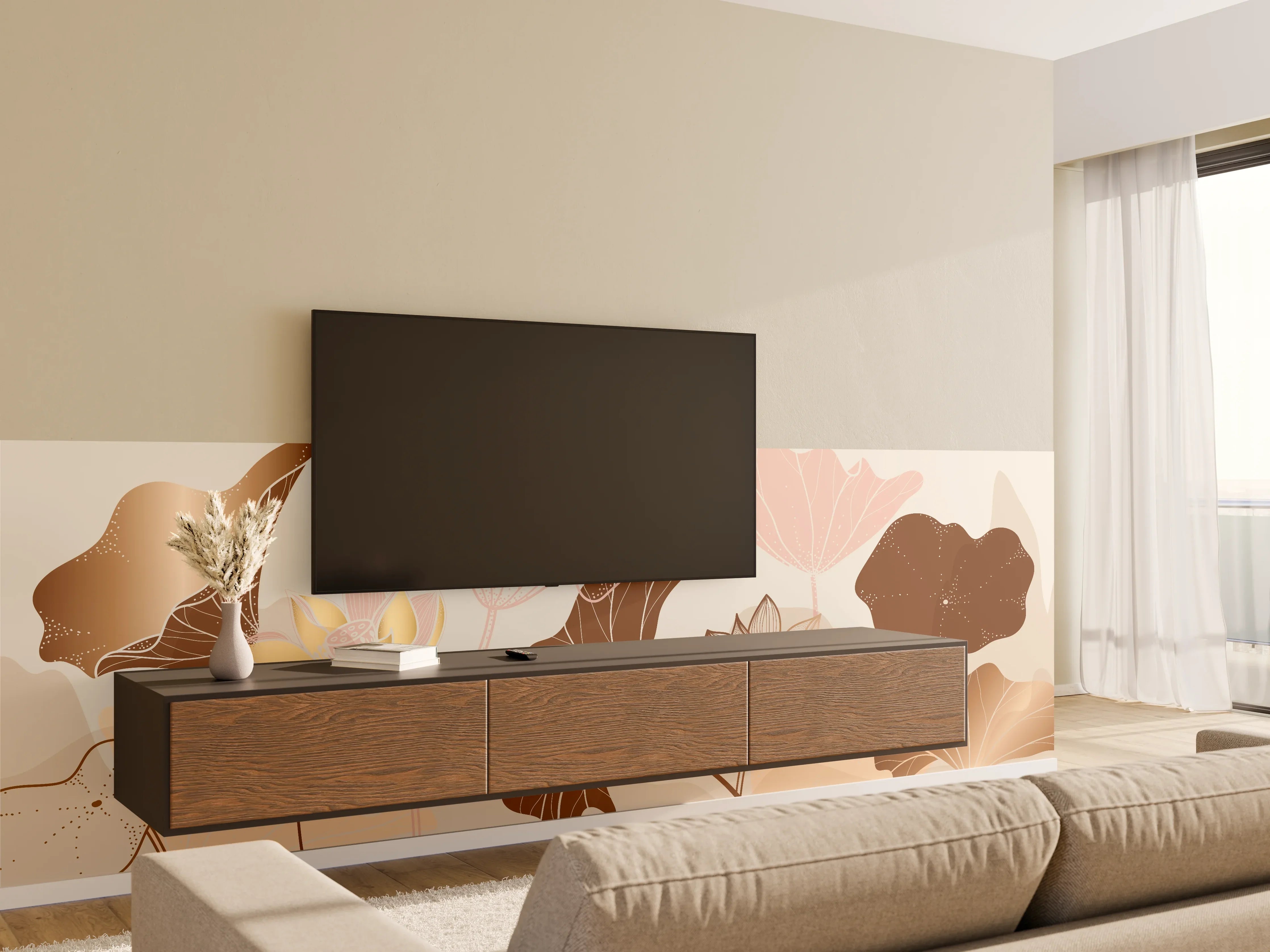Wandverkleidung Wohnzimmer - Abstrakte Blumen Zeichnung Beige