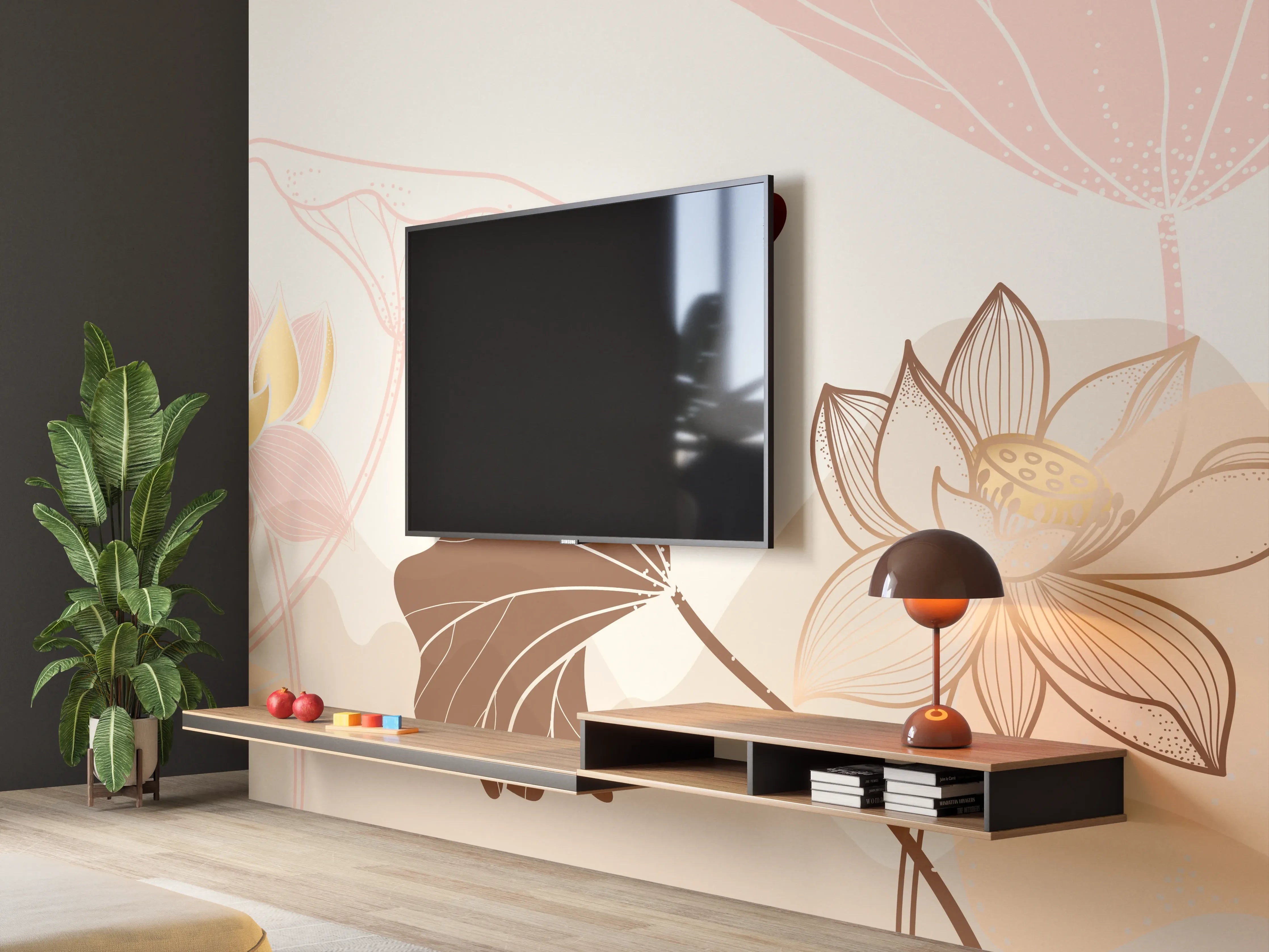 Wandverkleidung Wohnzimmer - Abstrakte Blumen Zeichnung Beige
